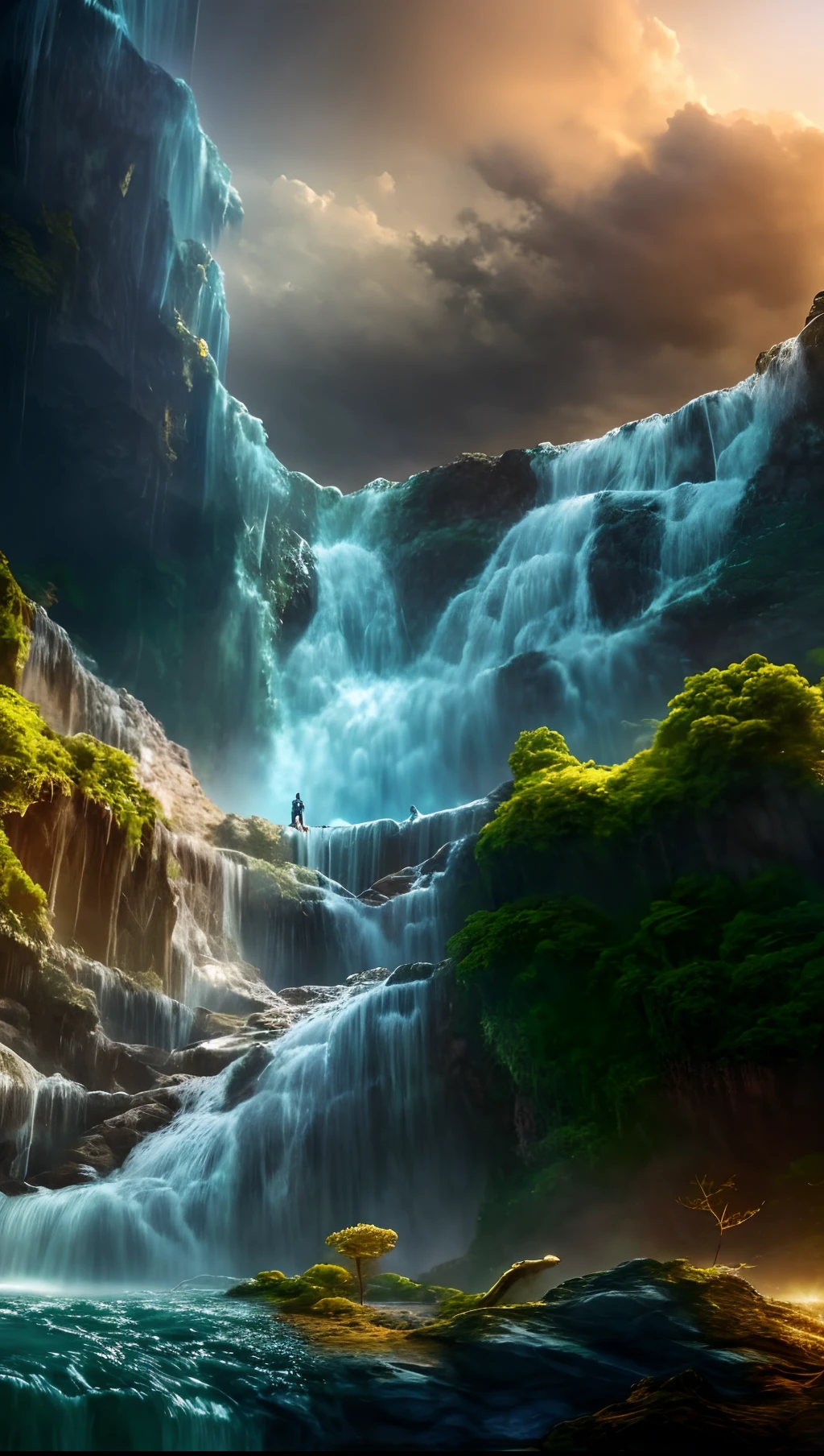 Waterfall in the middle of the forest with man standing on rocks, huge waterfall, stunning waterfall, Alien Falls, floating waterfalls, an endless waterfall, beautiful stunning waterfall, huge waterfall, amazing wallpapers, breathtaking fantasy art, impressive fantasy landscape, high waterfall, stunning digital painting, Waterfall background, huge waterfall, Waterfall Wall, Waterfall of the ancient monument, beautiful wallpaper