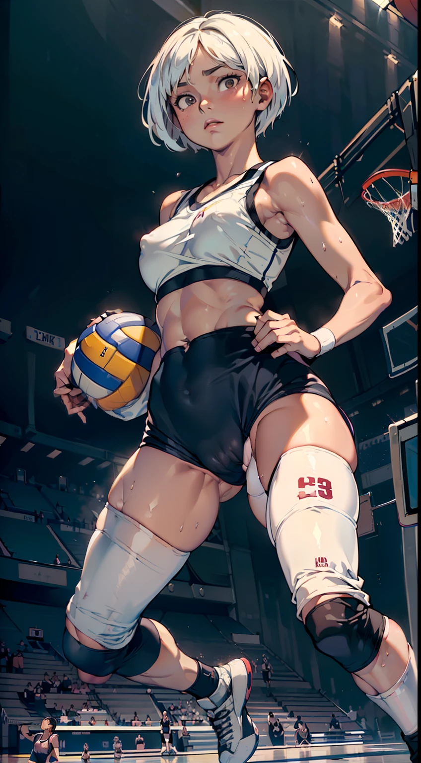 (masterpiece, 4k ,ultra detailed:1.2),(beautiful face:1.2),(anime:1.2),illustration,(solo:1.2),(dark skin:1.2),(looking at viewer:1.4),(supermodel:1.3),(basketball athlete:1.4),(basketball wear:1.5),(basketball:1.6),(sweaty skin:1.3),(white hair),(bangs pinned back:1.3),13yo,(very short hair:1.5),(white panties),(string,Chiseled abs,bouquet,child,large breasts,petite:1.1),(sfw,nipple,dress,sports bra:1.5),(cinematic angle),(full body:1.2),(Cameltoe:1.3),(volleyball field:1.5),(show off Cameltoe:1.3),(basketball court:1.3)