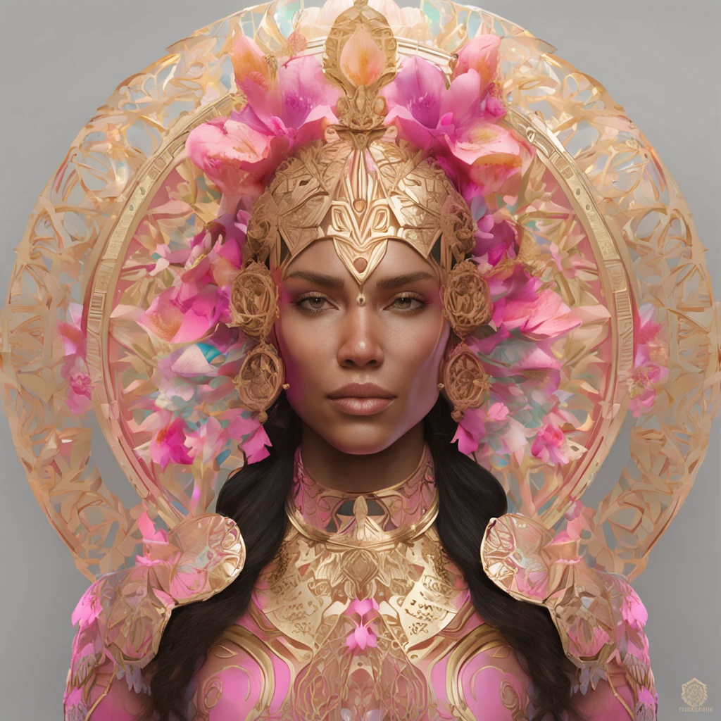 (symmetry:1.1) (portrait of floral:1.05) a woman as a beautiful goddess, (assassins creed style:0.8), pink and gold and opal color scheme, beautiful intricate filegrid facepaint, intricate, elegant, highly detailed, digital painting, artstation, concept art, smooth, sharp focus, illustration, art by greg rutkowski and alphonse mucha, 8k