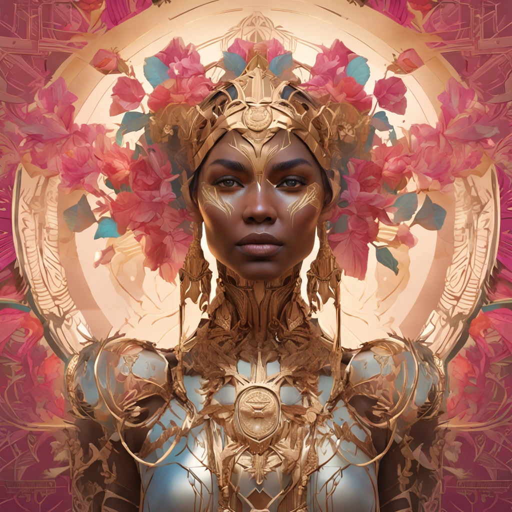 (symmetry:1.1) (portrait of floral:1.05) a woman as a beautiful goddess, (assassins creed style:0.8), pink and gold and opal color scheme, beautiful intricate filegrid facepaint, intricate, elegant, highly detailed, digital painting, artstation, concept art, smooth, sharp focus, illustration, art by greg rutkowski and alphonse mucha, 8k