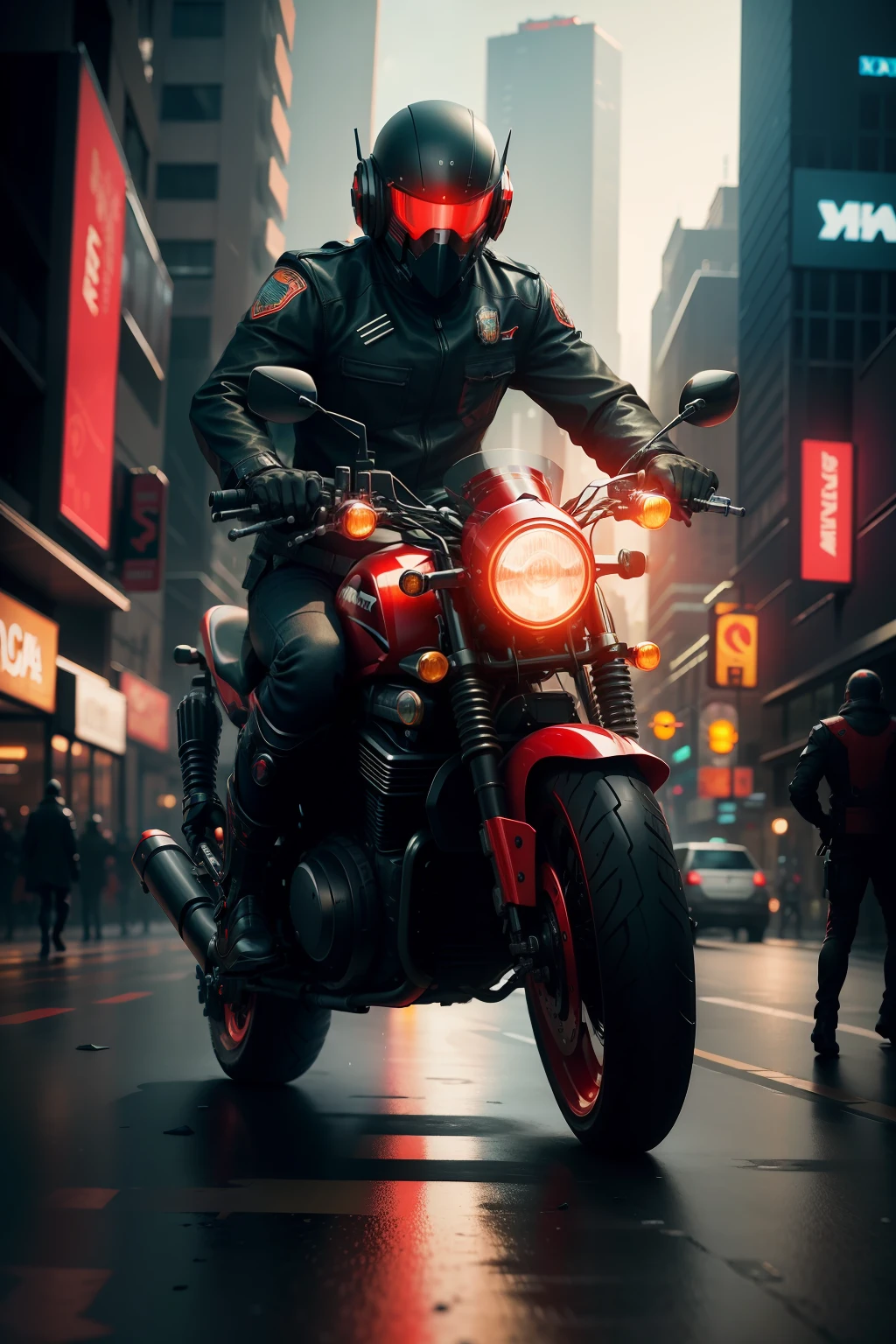 Black and red motorcycle，scifi style，Robot police driving，Gallop around the city，Cyberpunk style，Bright colors，