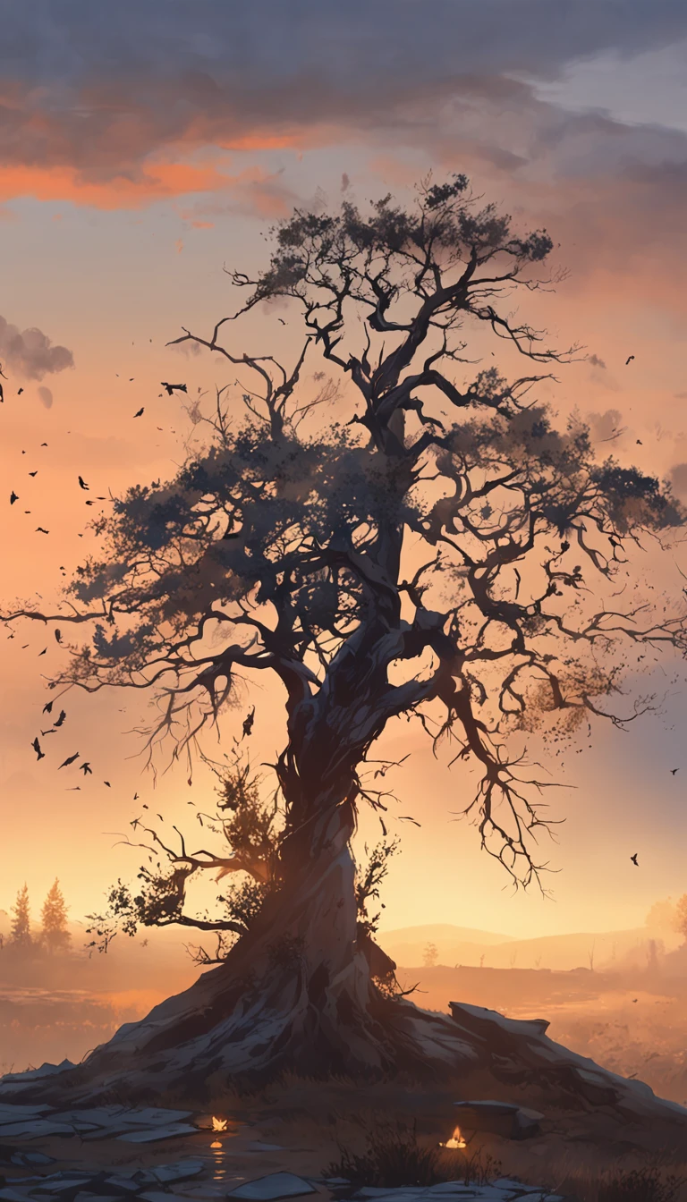 Two crows on a dead tree, A shadow shaped like a walker, Starry night, Thick fog on the ground, Blue light on the horizon, Unreal Engine 5, Cinematic, low angle photography, Motion blur, Depth of field, Dust, Cobblestones and dirt. Splash Art, dripping paint. Perfect color grading. Influenced by Karel Appel and Jeremy Mann, Full of dramatic and threatening scenes, Hyper-detailed, Beautiful, insanely details, Intricate details, editorial photography, shot with a 50mm lens, Depth of field, Tilt Blur, Shutter speed 1/1000, f/22. Lightmaps, Super bright