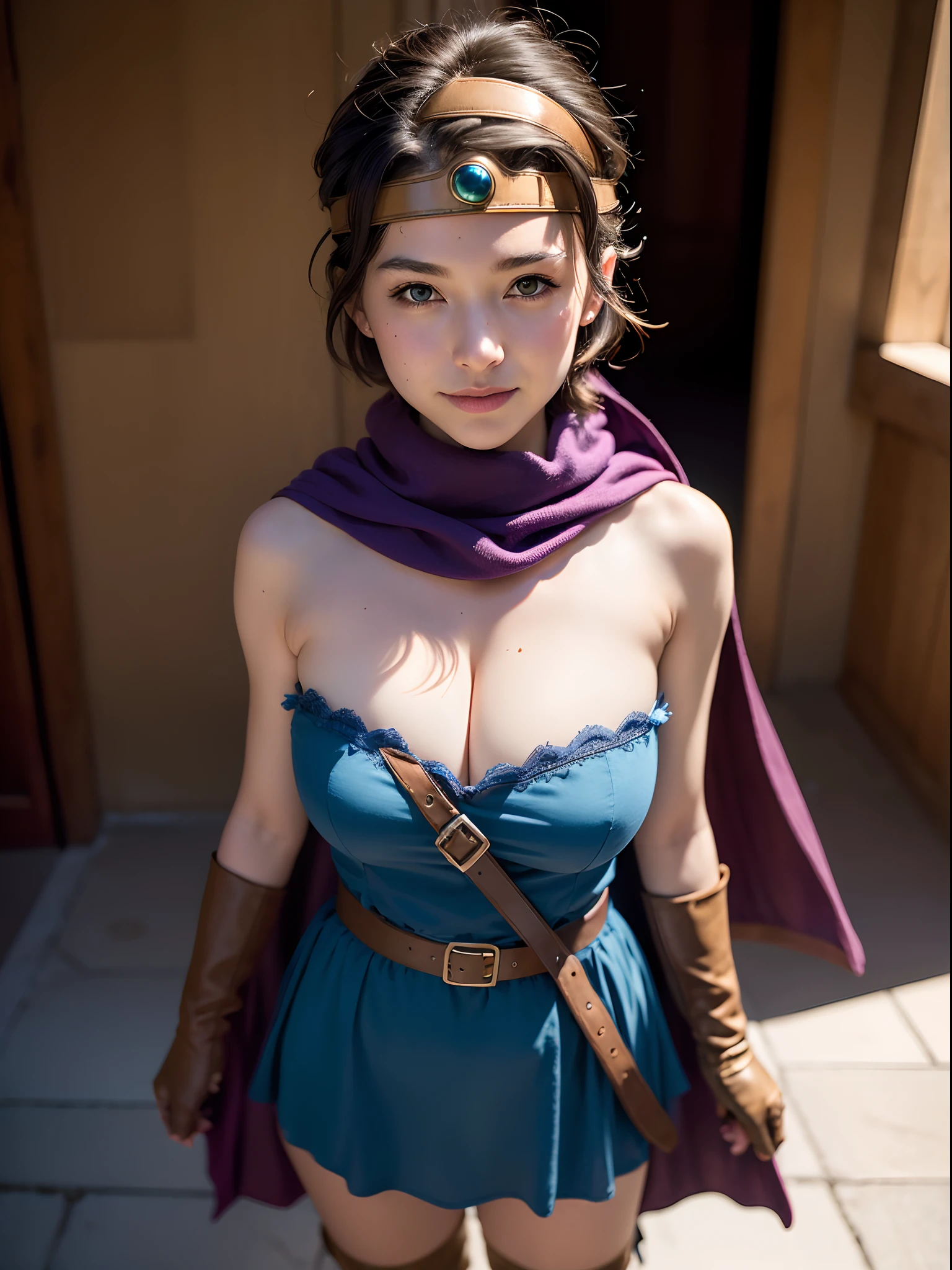 ((Masterpiece:1.4)), (high resolution:1.4), (standing:1.5), 1girl:1.5, solo, outside, roto (dq3), 1girl, solo, short hair, brown hair, blue eyes, circlet, large breasts, cleavage, strapless, blue dress, purple cape, thighhighs, elbow gloves, boots, belt, scabbard, knee boots, beautifull smile, beautiful face, highly detailed face, higly detailed eyes, highly detailed skin, skin pores, realistic pupils, full face blush, full lips, (perfect anatomy:1.1), (perfect proportions:1.1), (photography:1.1), (photorealistic:1.1), volumetric lighting, dynamic lighting, real shadows, (highres:1.1), sharp focus, daylight, (realistic, hyperrealistic:1.4), intricate, high detail, dramatic, subsurface scattering, big depth of field, vivid, polished, sharpened, ((full Sharp)), (extremely absurdres),16k hdr,
