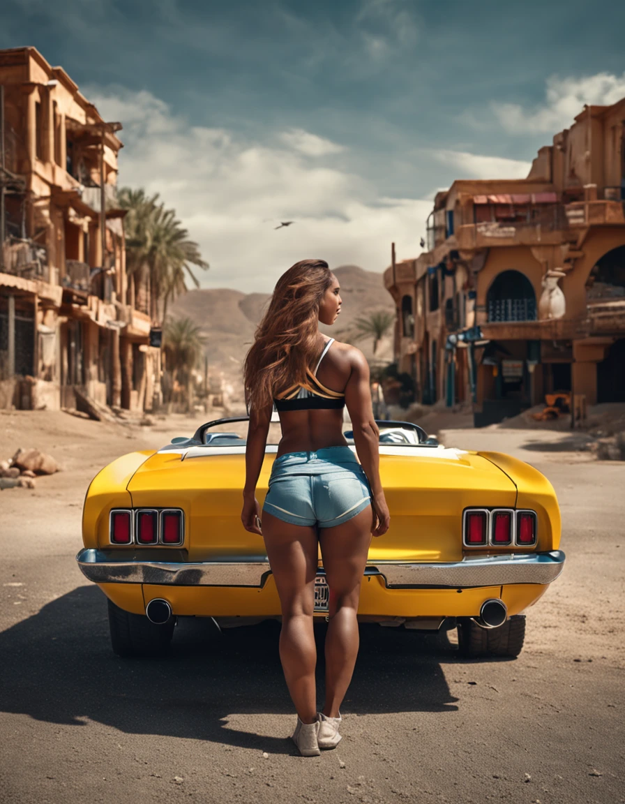 A photo of a muscle girl, Arabic girl, backpose