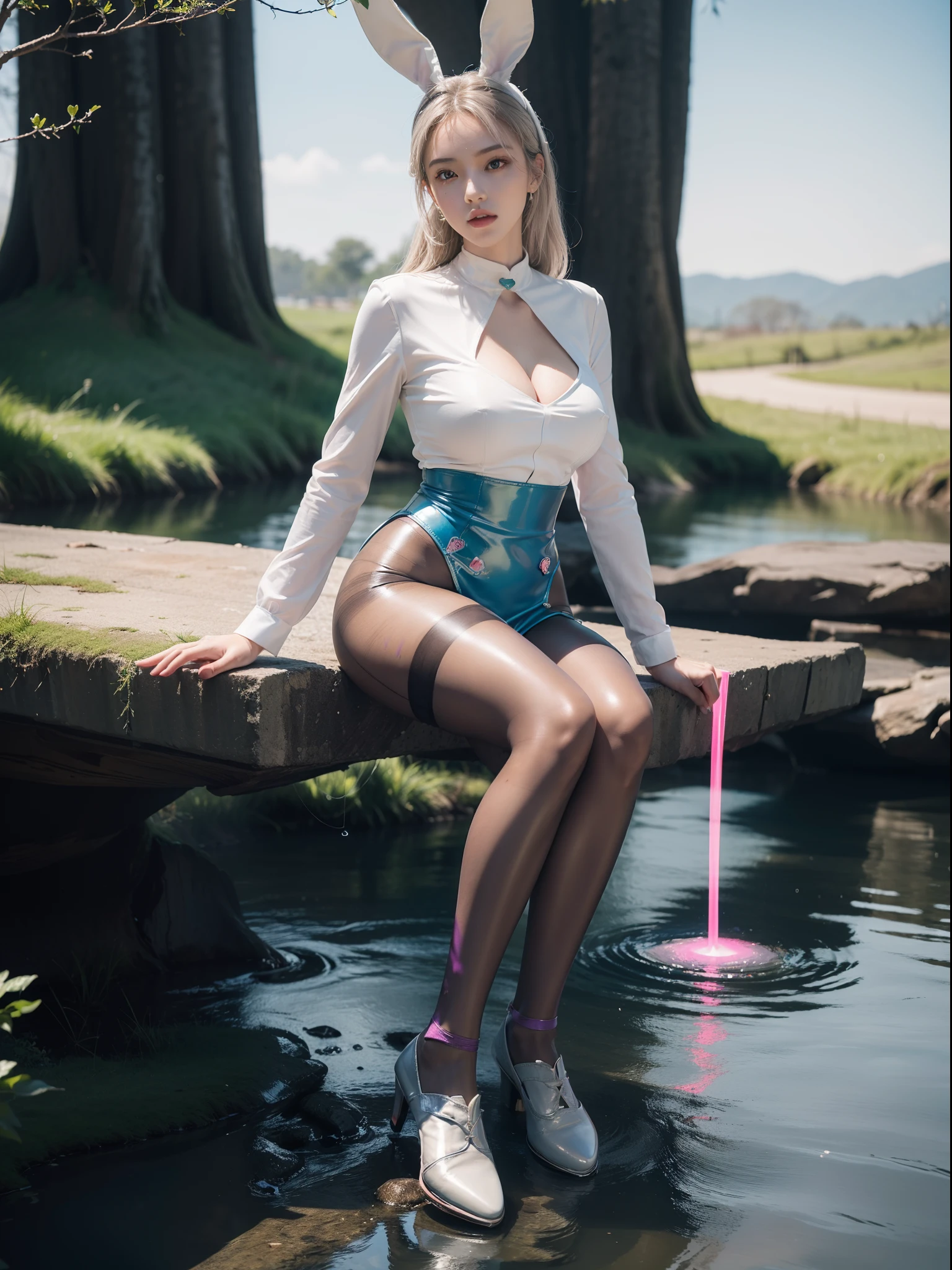(full body:2),(1girl:1.3),(view the viewer:1.4),(anatomy correct:1.5),(Sitting by the creek,:1.35),(Polished aluminum pantyhose:1.4),(A mature and sensual woman Wear printed fantasy Bunny SET and polished Uniform women's leather shoes :1.35),(A woman with large buttocks, breasts, and a slender waist:1.4), (Light particle effect:1.3),(In pink | amarelo | blue colors| green color |red color | white colors| black in color| purplish color| greys| Beige| Flesh color 1.4),(Glowing eyes:1.3),(Large amplitude action: 1.3),(Accurate and perfect face:1.4),hyper HD, Ray traching, reflective light,structurally correct, Award-Awarded, high detail, lighten shade contrast, Face lighting ,cinmatic lighting, masterpiece, super detailing, high quality, high detail, best quality, 16k,High contrast,
