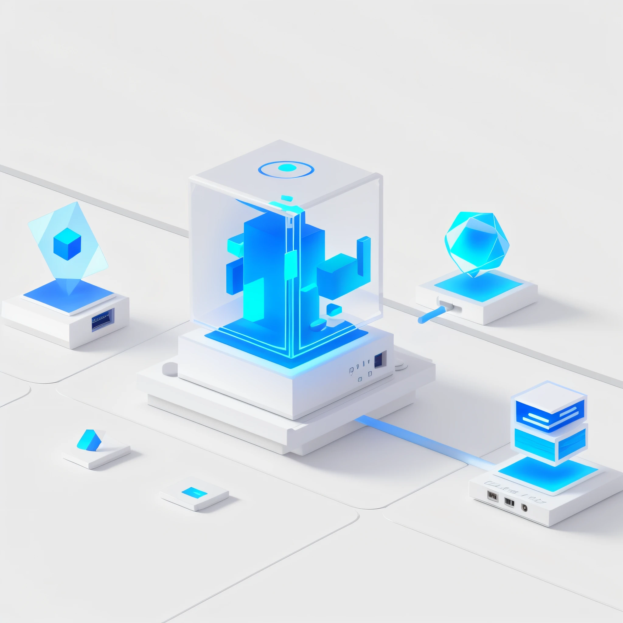 There are a lot of different devices connected together, prerendered isometric graphics, optane render, depicted as a 3 d render, 3d isometric, 3 d isometric, blueshift render, isometric illustration, isometric 3d render, computer render, isometric design, Isometric style, isometric 8k, geometric 3 d render，Object blue technology light effect，