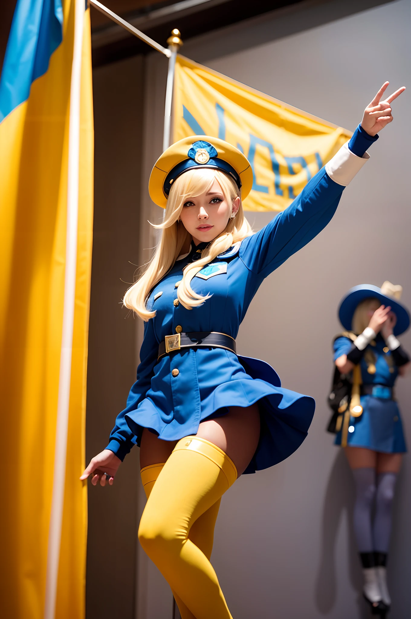 blond woman in blue uniform holding a yellow flag and posing, cosplay photo, ashe from overwatch, publicity cosplay, ana from overwatch, lux from league of legends, cosplay, anime girl cosplay, as overwatch character, professional cosplay, range murata and artgerm, lovely brigitte from overwatch, hrushevka on background, inspired by Li Chevalier, sergey zabelin