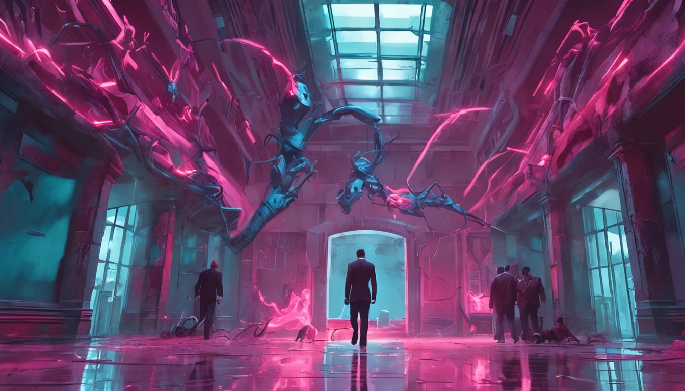 Fifteen men clad in a formal suit wields a weapon,Battle a (bio-mechanical monster:3),abandoned hospital corridor,illuminated by light rays filtering through the glass,in a contrasting pink and blue color scheme,painting style:Surrealism,artist: Alena Aenami