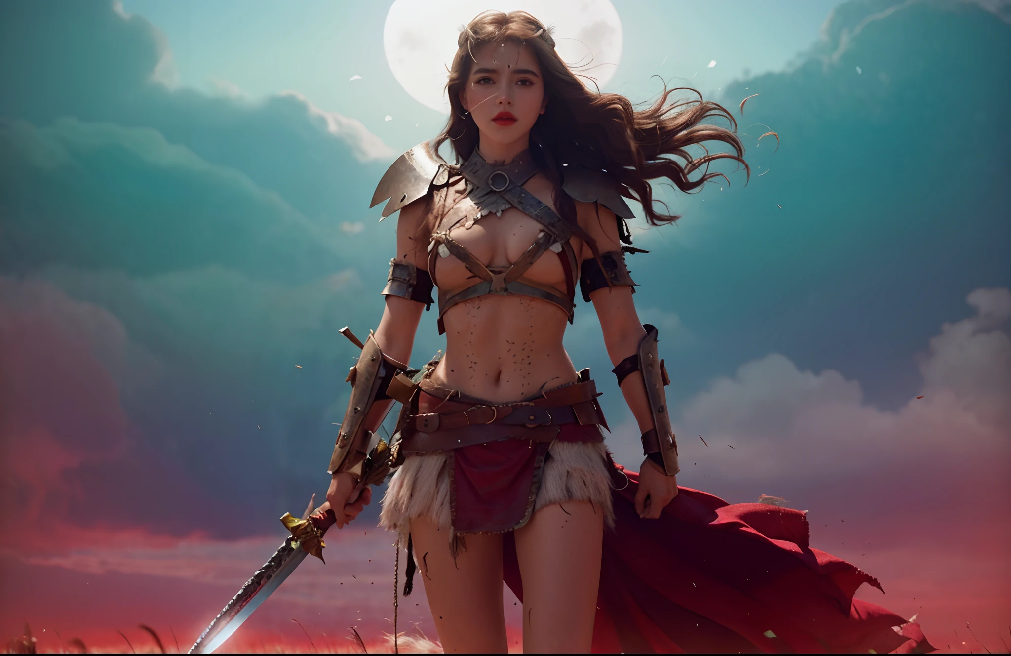 Kiernan Shipka, olhos azuis, red-lips, cabelo loiro platinado, cabelo loiro claro, Perfect face with sword standing in a field with overcast sky in the background, barbarian warrior girl, linda guerreira, uma bela mulher guerreira, female warrior, seios bonitos, seios nus, mamilos rosados, Mulher guerreira de seios nus, NSFW, pernas bonitas, coxas grossas, porcelain skin  uma mulher berserker muito bonita, very beautiful female barbarian, portrait of a barbarian woman, menina guerreira, portrait of a barbarian woman, Warrior Woman, Arte de fantasia 4k, princesa guerreira, menina seminua, suja de sangue, Somente figura, menina loira de 19 anos, Kiernan Shipka.