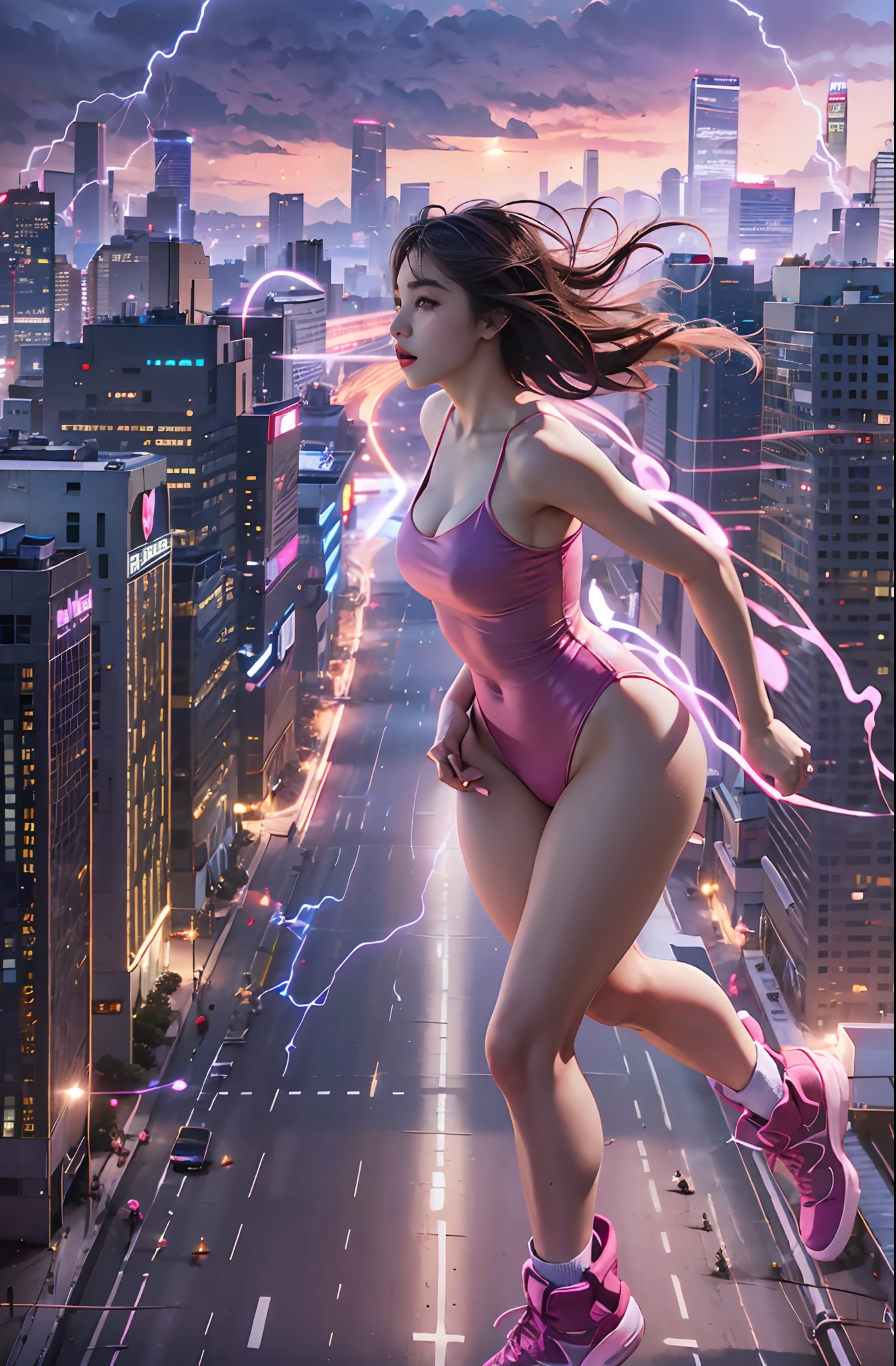 1girl, super beautiful girl, dream girl, wearing a leotard and pink boots, ulzzang, running, in the background a city, lightning in the sky, ultra details, ultra realistic, cinematic , octane render, 16k