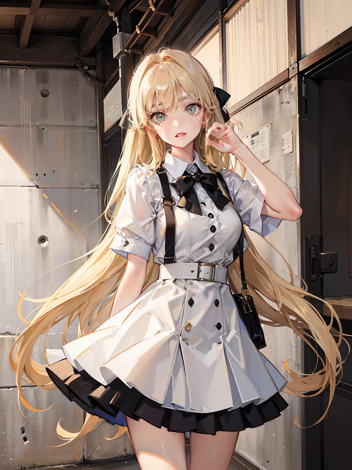 （the yellowed texture, art by Kurahashi Rei）
a super beautiful girl, white long hair, big bright eyes, cool feeling, retro suspender, vintage style.low saturation colors, mottled texture, the yellowed
texture, art by Kurahashi Rei, front view, background is a
wall composed by newspapers, 8k --ar 3:4 --niji 5