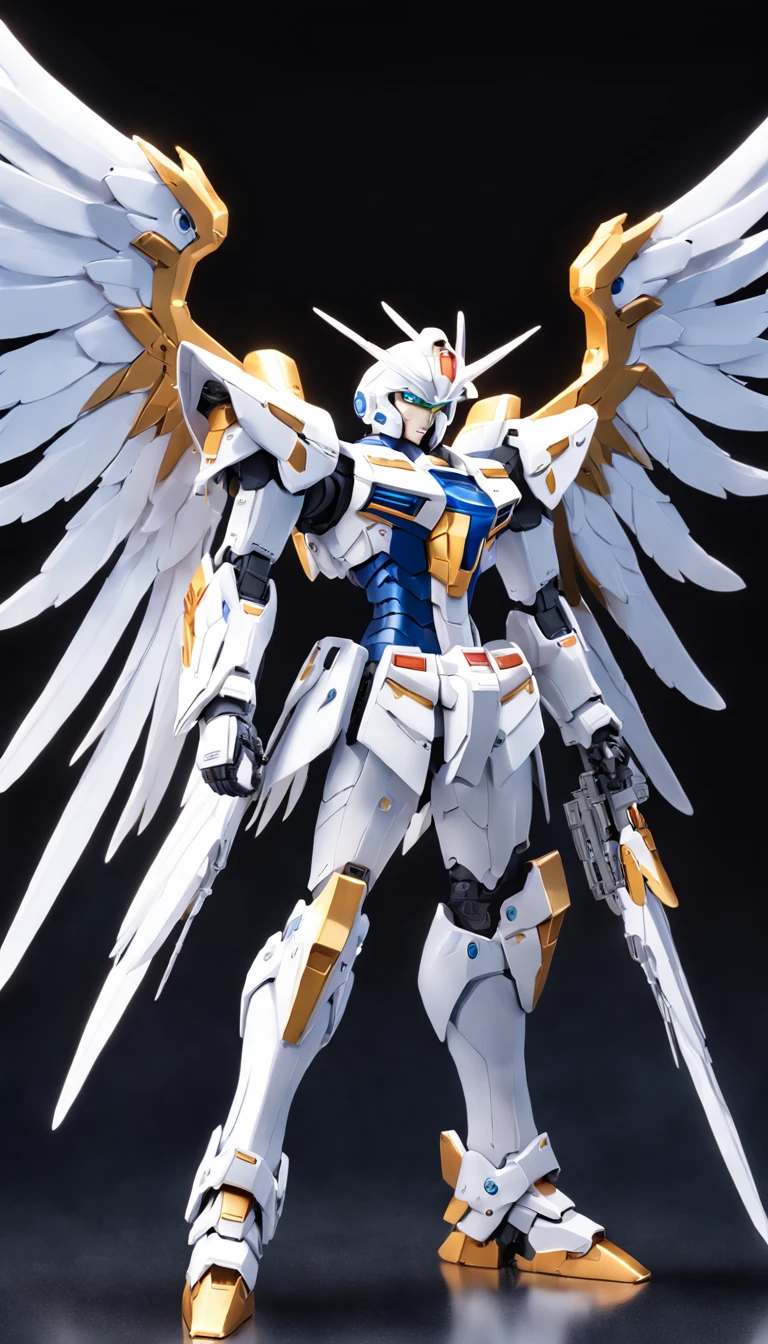 Alphad model of a white and blue robot with wings, Mecha wings, gundam wing style armor, armor angle with wing, gundam, wide angel shot, big white glowing wings, high angel distant shot, GUNPLA, super wide angel, close up angle, wingspan, With wings. Ultra-detailed, huge feathery wings, gundam is windmill shaped
