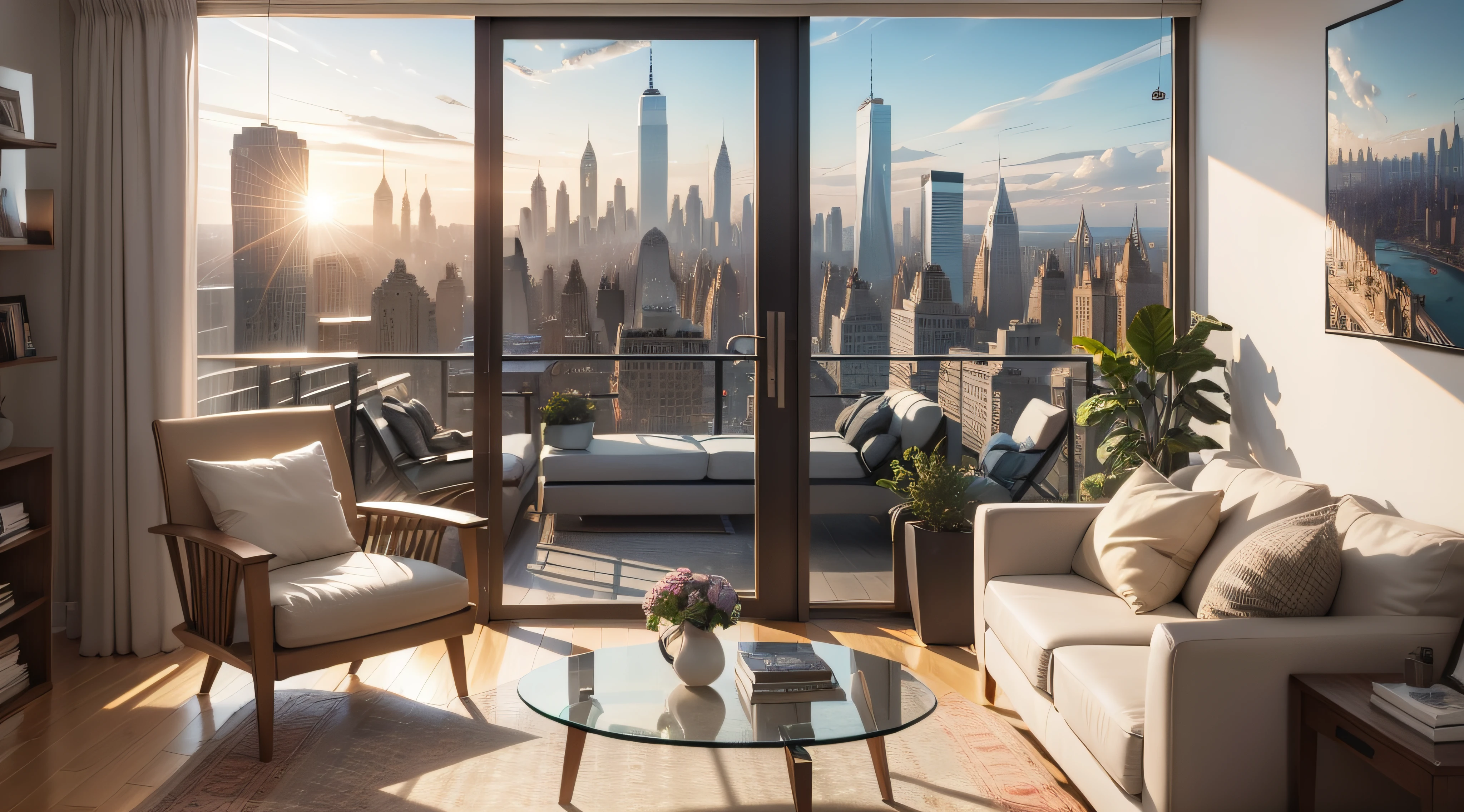 From inside a modern apartment overlooking New York 8K high resolution detailed more details Ultra HD