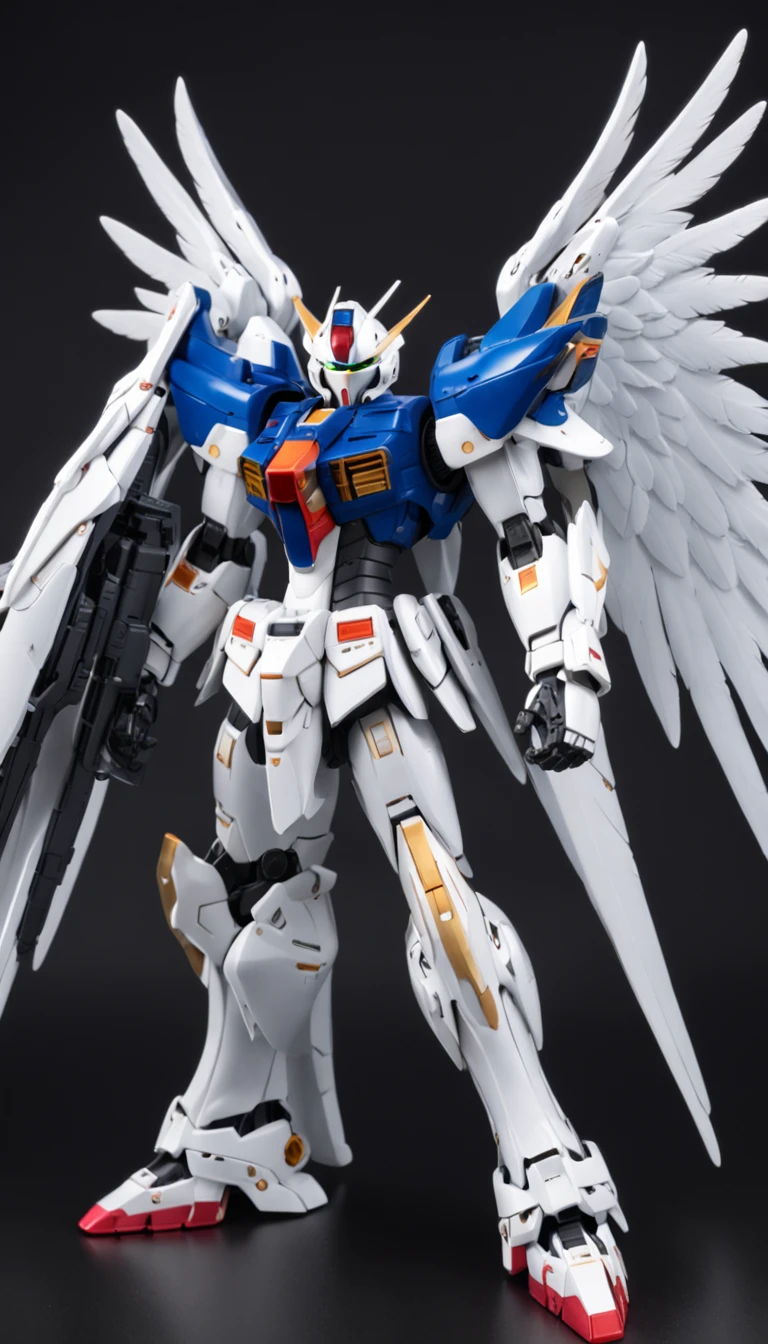 Alphard model of white and blue robot with wings, Mecha wings, gundam wing style armor, armor angle with wing, gundam, wide angel shot, big white glowing wings, high angel distant shot, GUNPLA, super wide angel, close up angle, wingspan, With wings. Ultra-detailed, huge feathery wings, gundam is windmill shaped