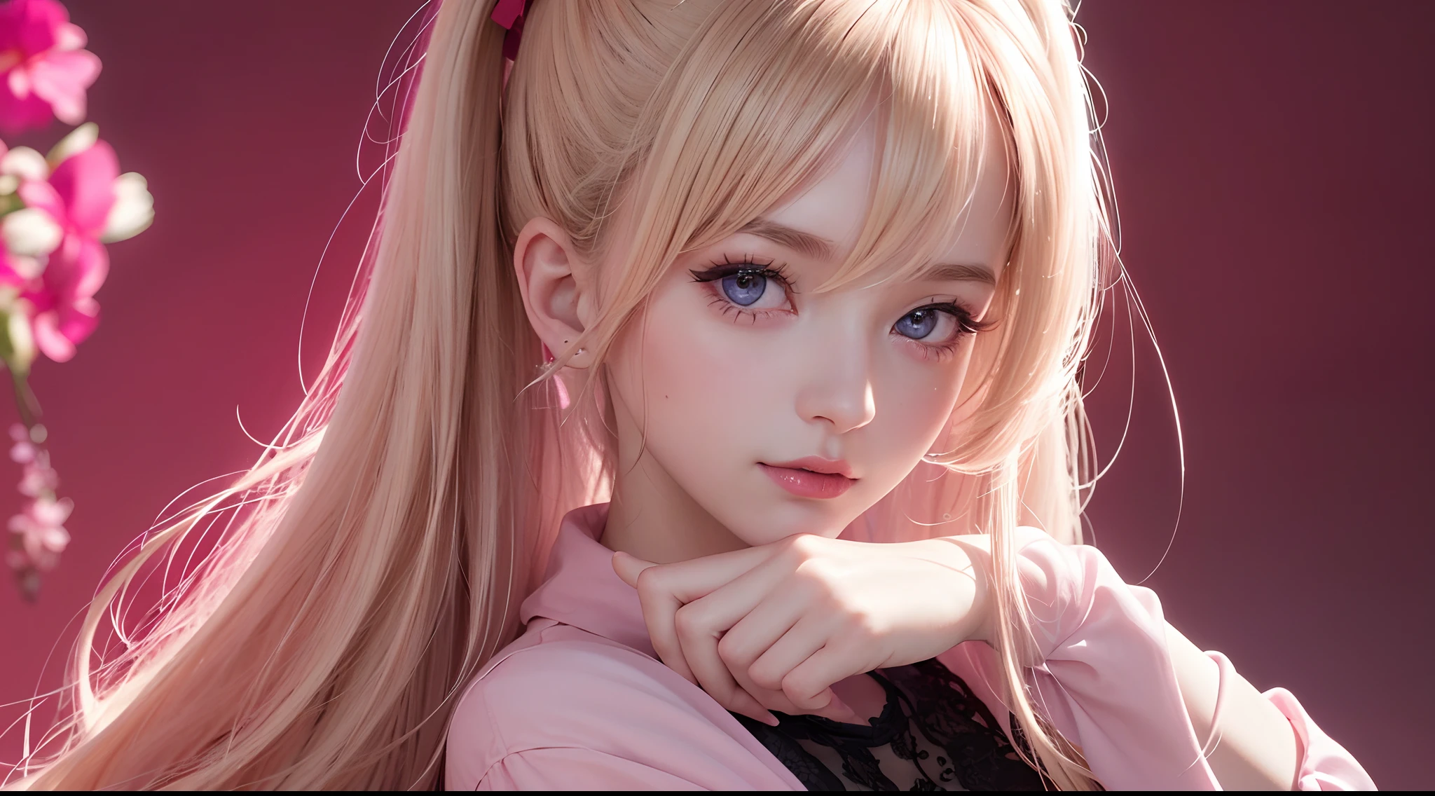 (8k, 4k, best quality, highres, ultra high res:1.1), (masterpiece, realistic, photo-realistic:1.1),pink theme, 1 light smile girl, prefect cute face,half body shot, twintails, blonde hair, black eyes, red lips, (looking at viewer:2), absurdly long hair, long eyelashes, eyeshadow, small face, big eyes,light pink dress,high contrast,