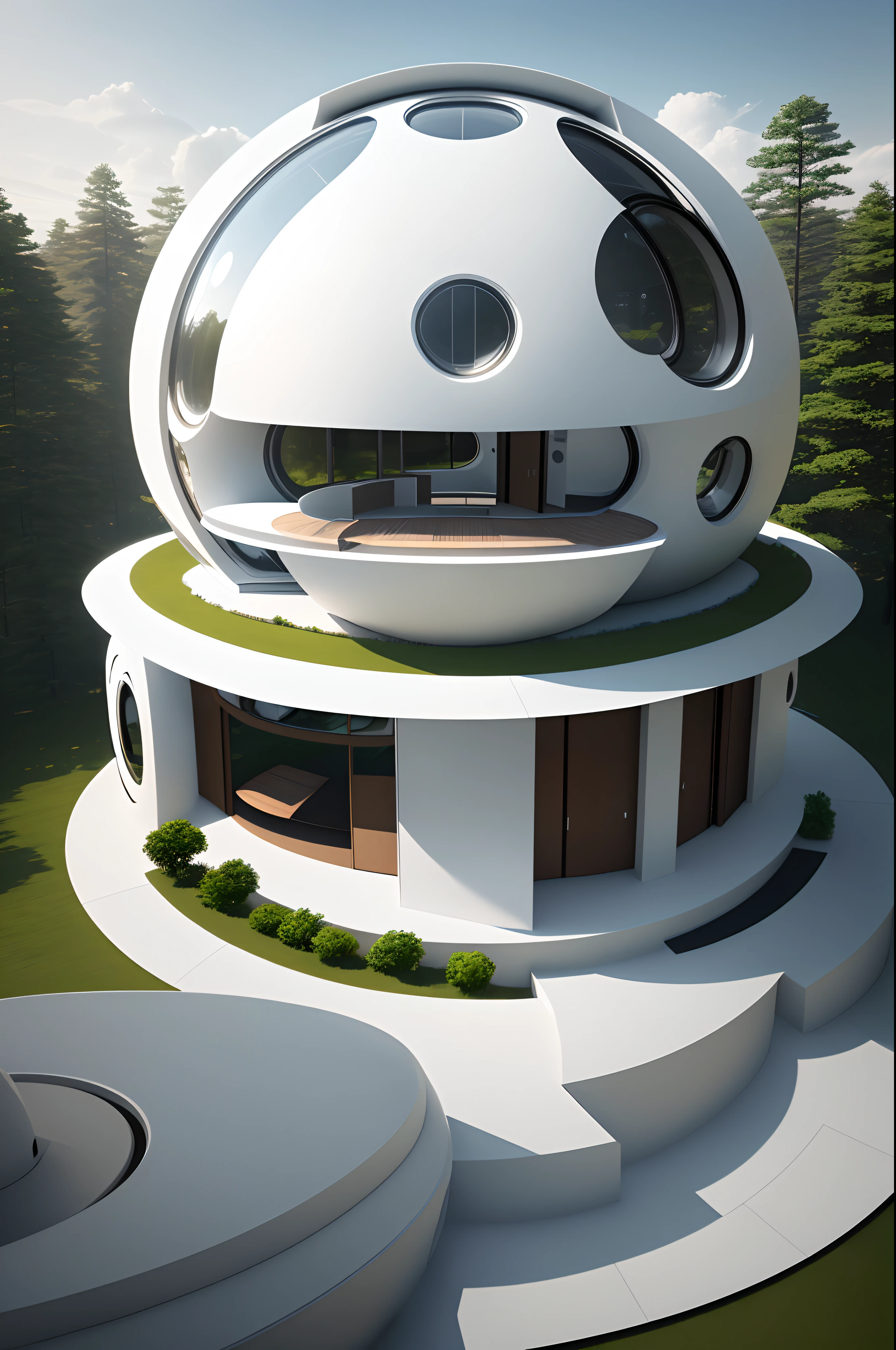 semi-spherical exterior home,  modern architectural design, more forms and functions, new scientific home, high solar energy technology,  white color and metallic, forest, daylight, sky, white cloud, realistic, photorealistic, futuristic, 8K, masterpiece, best quality, high resolution, extremely full detailed,