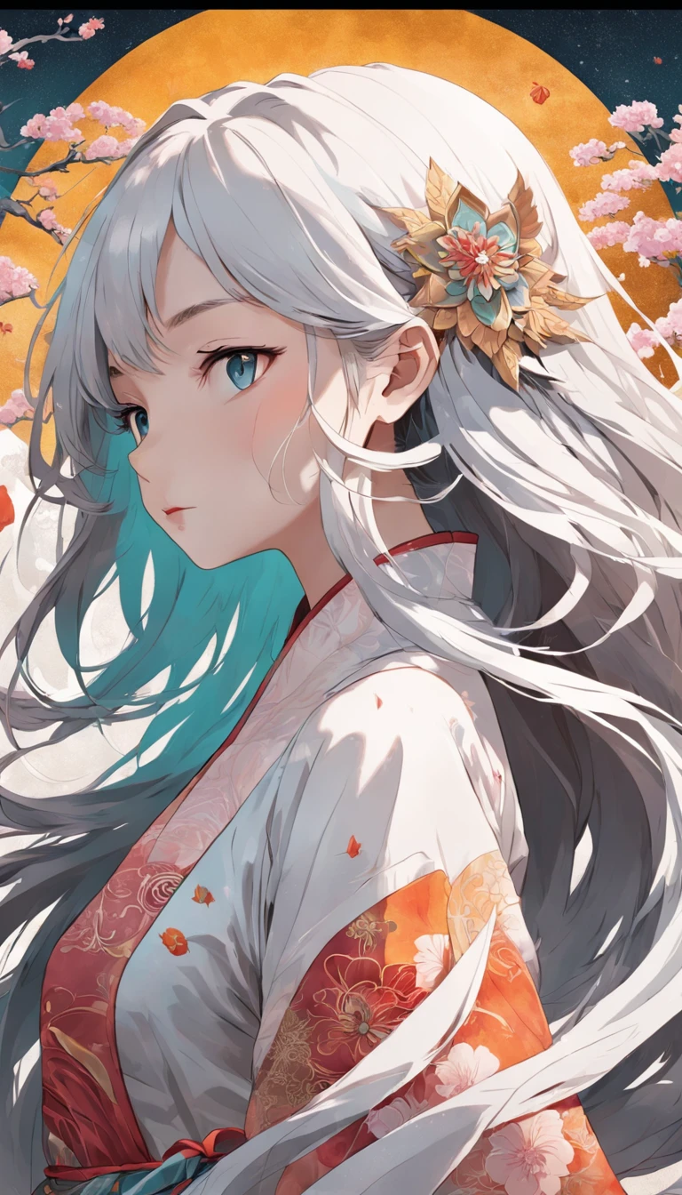 (White background:1.4),(Silhouette of a girl's head, Eyes closed, colorfull long hair, Oriental elements),(Chinese illustration:1.3,paper art:1.3, Quilted paper art:1.2),( reasonable design, Clear lines, High sharpness,Best quality, Very detailed, Masterpiece, movie light effect, 4K )