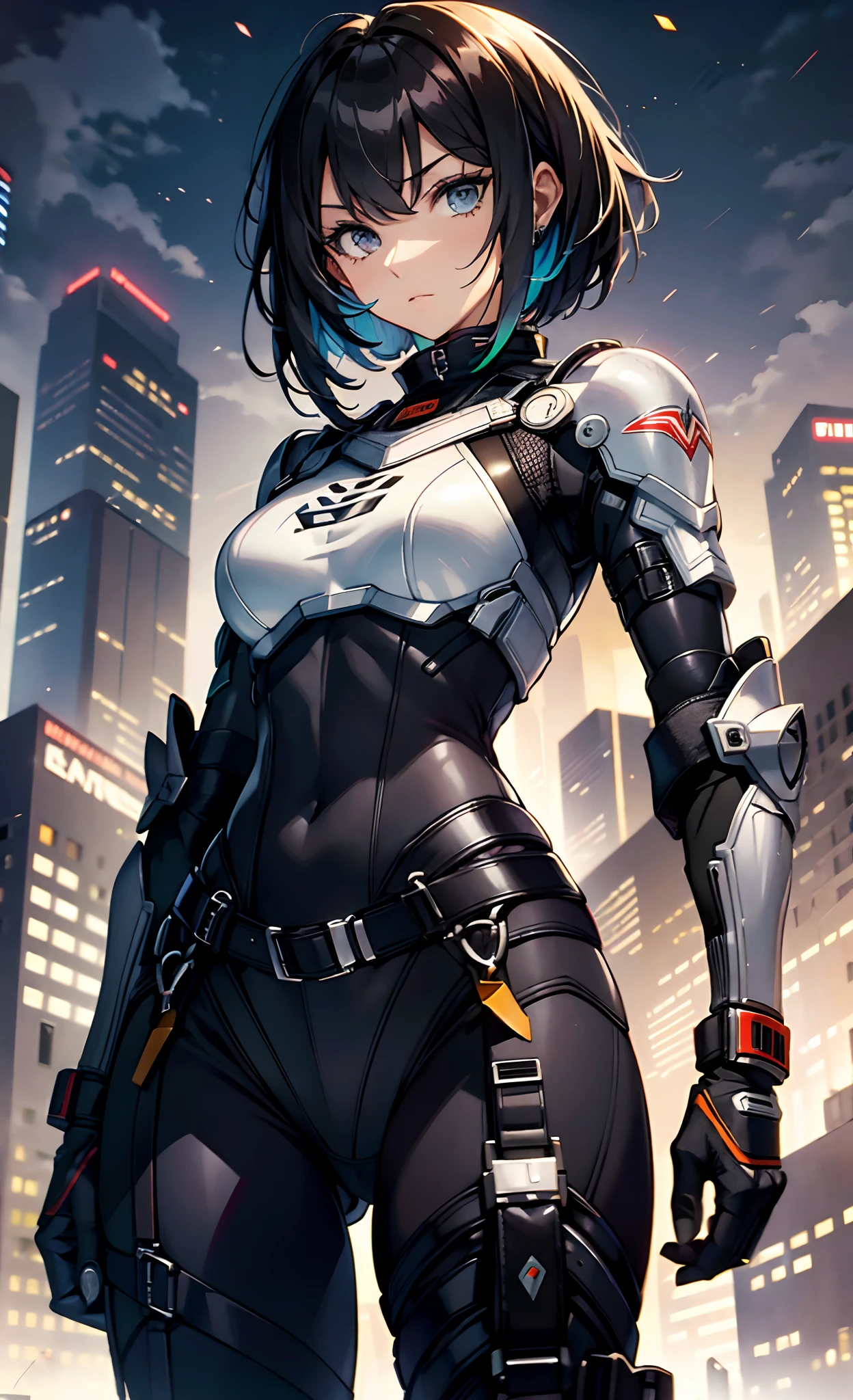 best qualityer，tmasterpiece，Ultimate resolution，downy，Extremely colorful，Colorful，Women combatants，a matural female，Black super short hair，holding gun，Tight combat suit，tightsuit，Steel City background，the night，Normal posture，Normal posture