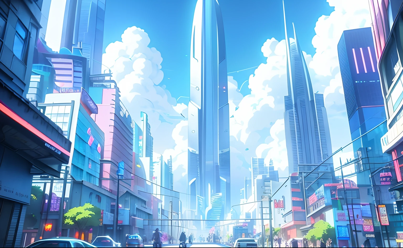 Anime City，There are a lot of people walking and cars on the street, anime style cityscape, urban concept art, Concept art wallpaper 4K, hd anime cityscape, Anime landscape concept art, Beautiful city of the future, Concept art 4K, concept art 4 k, concept art style, smooth digital concept art, Futuristic city landscape, skyscrapers and flying cars