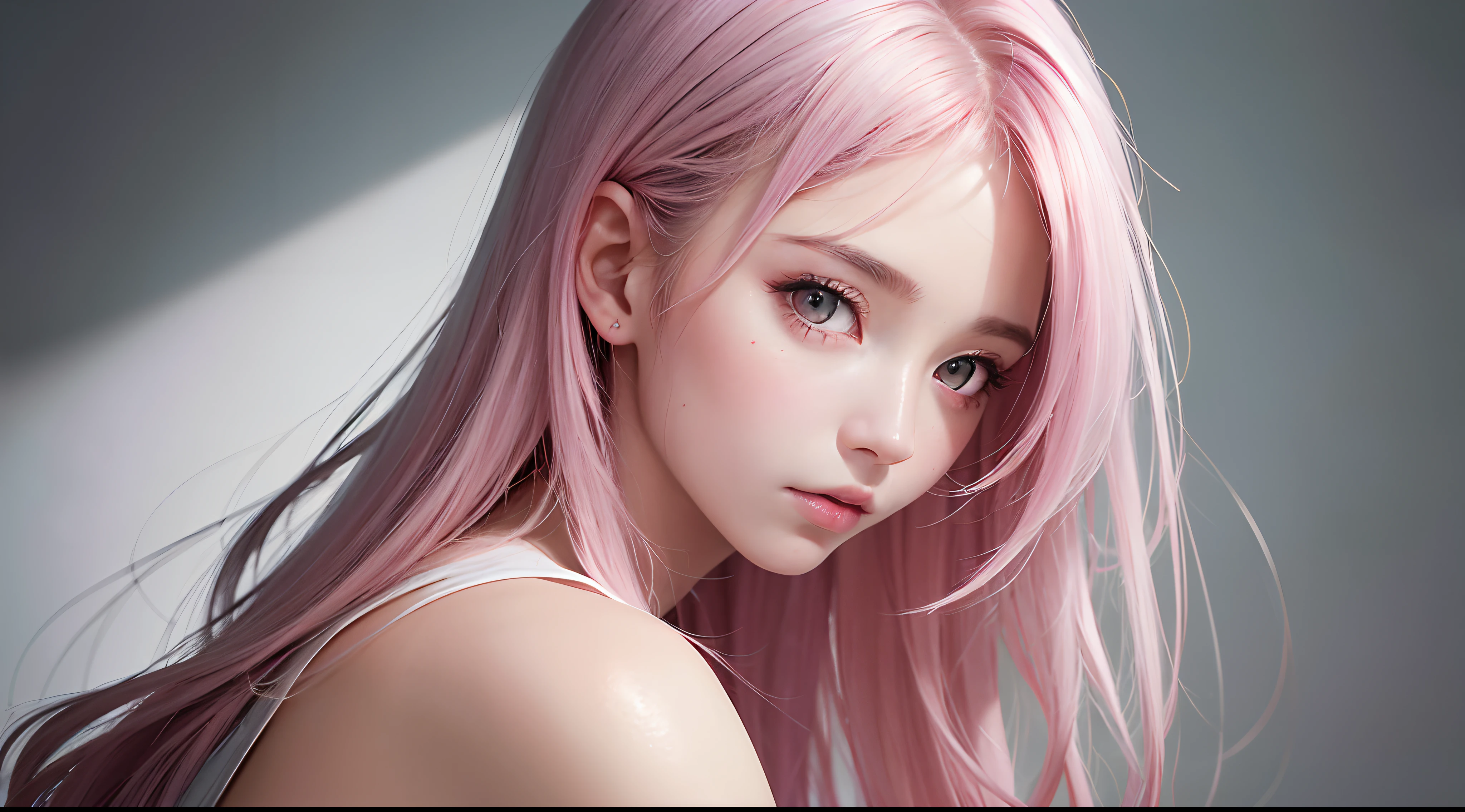 Extremely realistic and detailed image quality、Bust size 40 inchesMcup、Super big breasts、Tight waist、White and pink halter neck leotard、Extremely high leg、The fabric is thin, so the nipples are clearly visible.、I can see the pussy line、Protruding pubic hair、Blue Very Short Hair、Wide, cool, slanted eyes、Long limbs、Urban city monochrome background