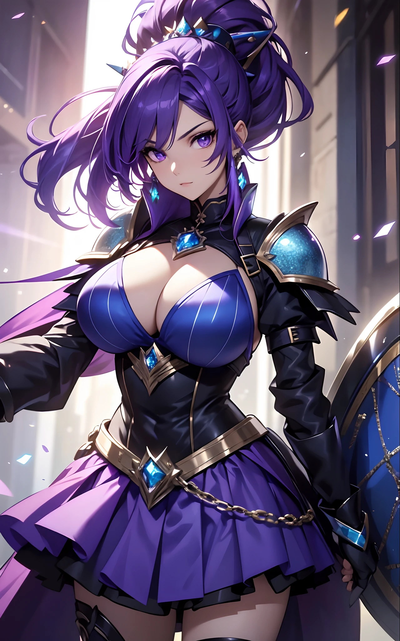 best qualityer,tmasterpiece,Ultimate resolution,downy,Extremely colorful,Colorful,Lady Knight,Royal Sister,Blue-purple armor skirt,huge tit,(Short thin purple hair,High ponytail),Shield set with precious stones,jewelry,Pedras preciosas,Normal posture