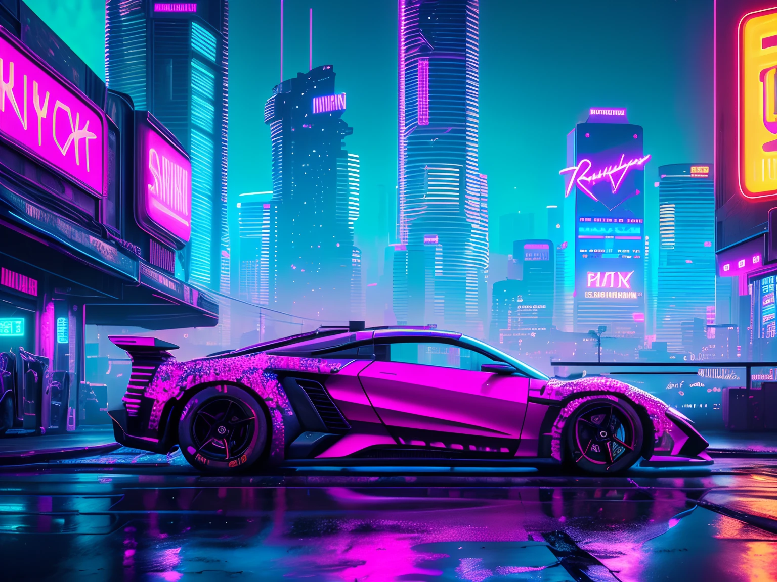 swpunk, synthwave, paint splatters, (extremely detailed 8k wallpaper), a medium shot photo of a futuristic concept car parked in an elaborate cyberpunk city, ray tracing, detailed reflections, Intricate, High Detail, dramatic, best quality masterpiece, photorealistic, detailed, 8k, HDR, backlighting, bloom, light sparkles, chromatic aberration, sharp focus