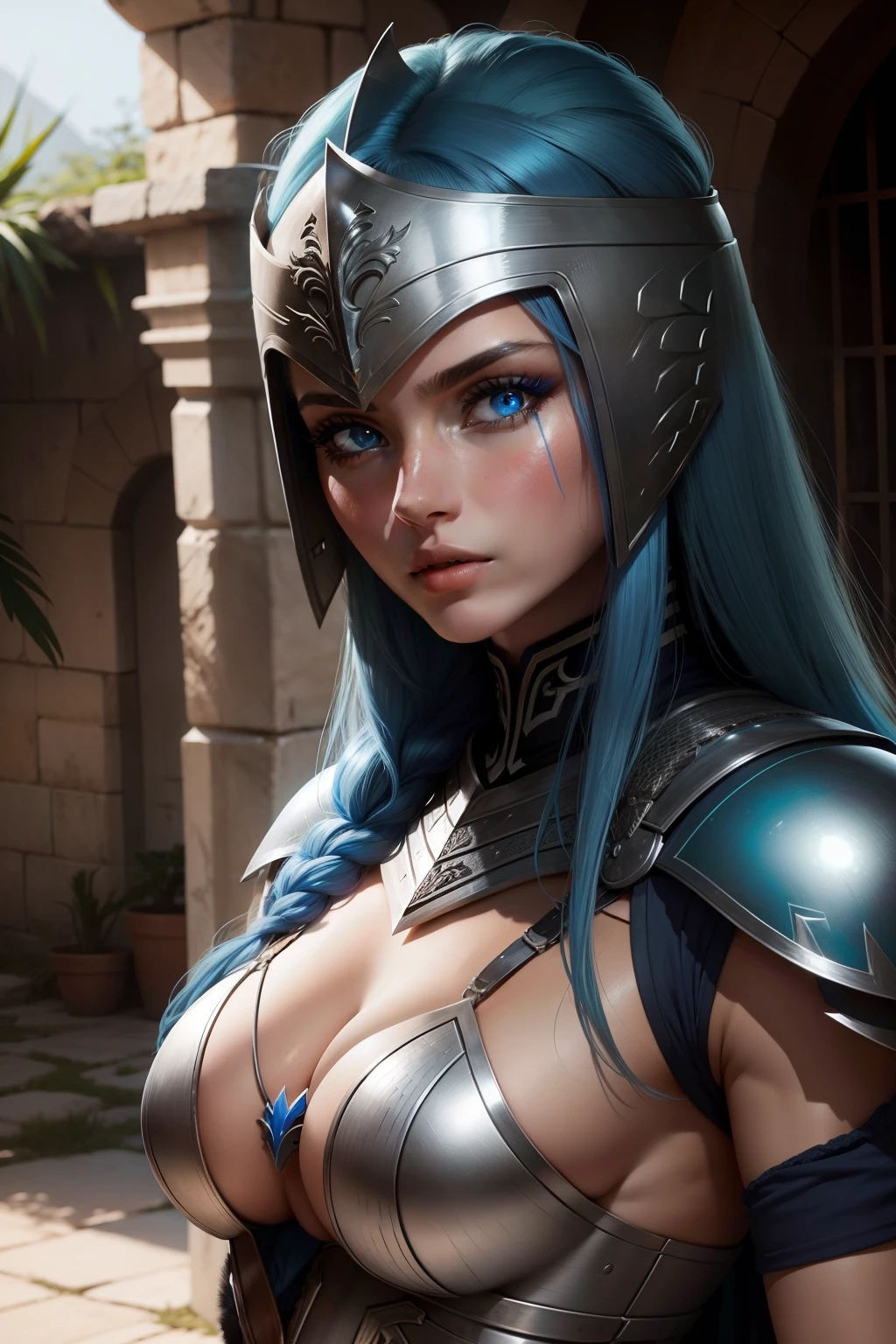 mulher com armadura, pele branca, olhos azul, guerreira estelar 30 anos cabelos longos brancos