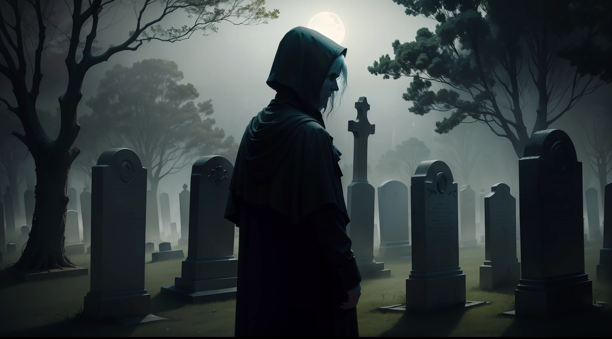 A dimly lit graveyard scene, with a misty atmosphere and moonlight casting eerie shadows on the gravestones. In the foreground, have a person holding a flashlight, their expression a mix of fear and curiosity as they illuminate an open grave. The title "Graveyard Secrets Unearthed" could be overlaid in bold, chilling font, and a subtle ghostly figure could be faintly visible in the background, adding an element of mystery and intrigue.