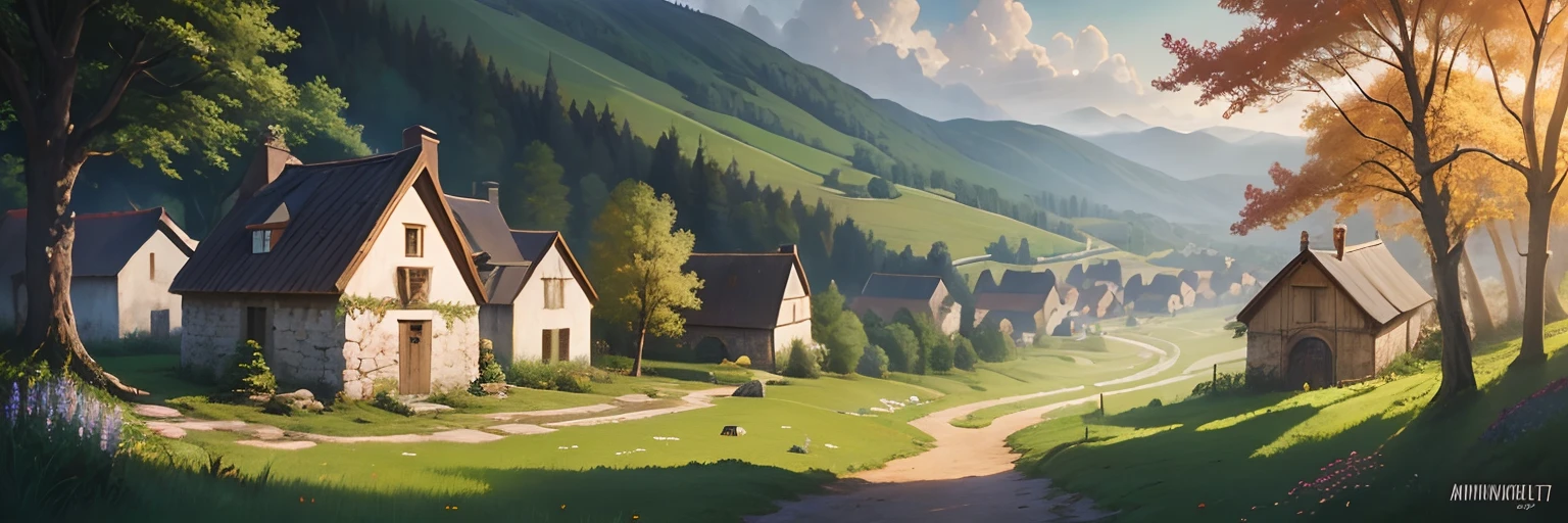 Oil painting of a village in a beautiful forest with flowers, em 1700, Portugal. Oil painting by Anatoly Metlan, Destaque no deviantart pintura detalhada, oil-painting