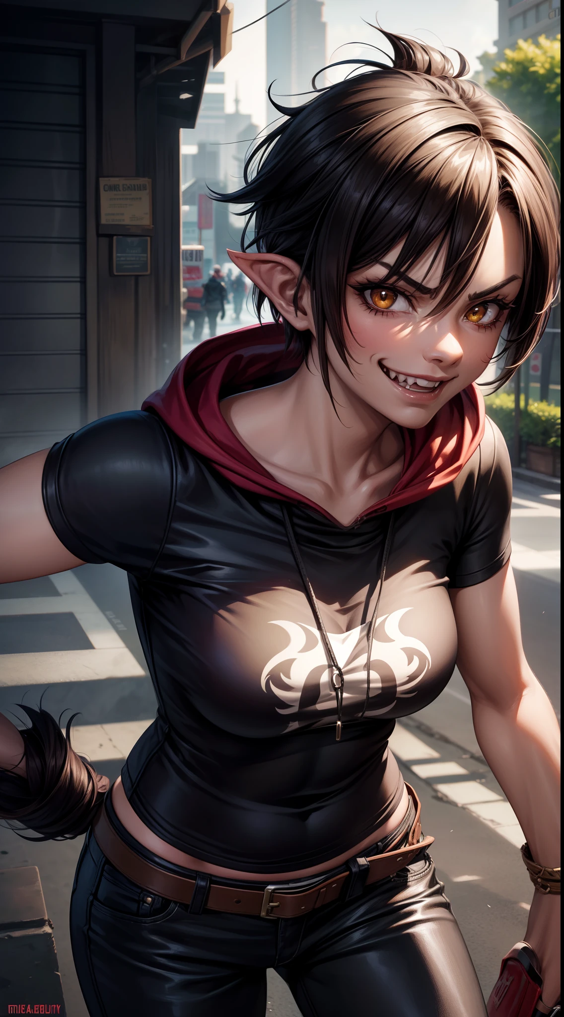 Adult woman, fangs, Orc, short brown hair, Punk hairstyle, Brown eyes, ciberpunk, The Monk of Street Fighting, brawn, smirk, Masterpiece, hiqiquality