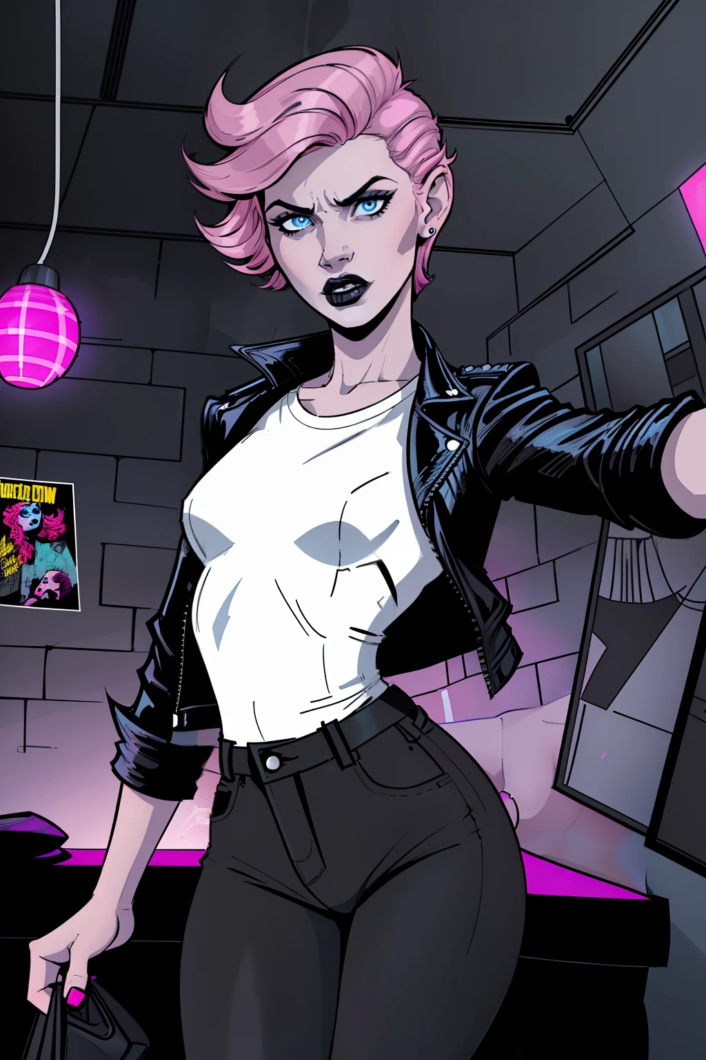 selfie, woman, inside a dark room, dark wall in background, pale blue eyes, detailed short pink hair Short Side Comb haircut, angry expression, black lipstick, small tits, wearing a leather jacket, black pants, shirt, white shirt, comic book style, flat shaded, prominent comic book outline linework