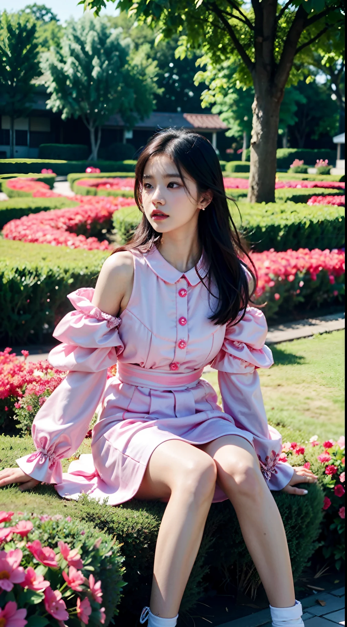 There was a woman in a pink dress sitting in a flower bed,The background is blue sky, Shin Jinying, Simsbo, ulzzangs, blackpink jennie, jaeyeon nam, fairy core, Kim Do-young, Album art, portrait of jossi of blackpink, sakimichan, headshot profile picture, young wan angel, 🍁 Cute, shaxi, gongbi