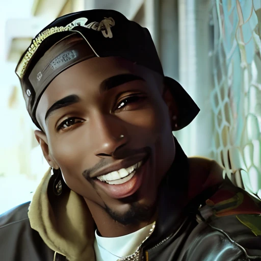 Homem sorridente com grillz dourado no dente, in baseball cap and jacket sitting on the bench, Tupac, Tupac Shakur, 8K resolution. Tupac, Masterpice, rapper, Mestre de Arte, infantil, retrato!!!!, SMOS, grande risada, foto de perfil, smug smirk, foto em alta, Fotografia de 2 0 0 0, hiper realista, absolutamente, Sorrindo, E