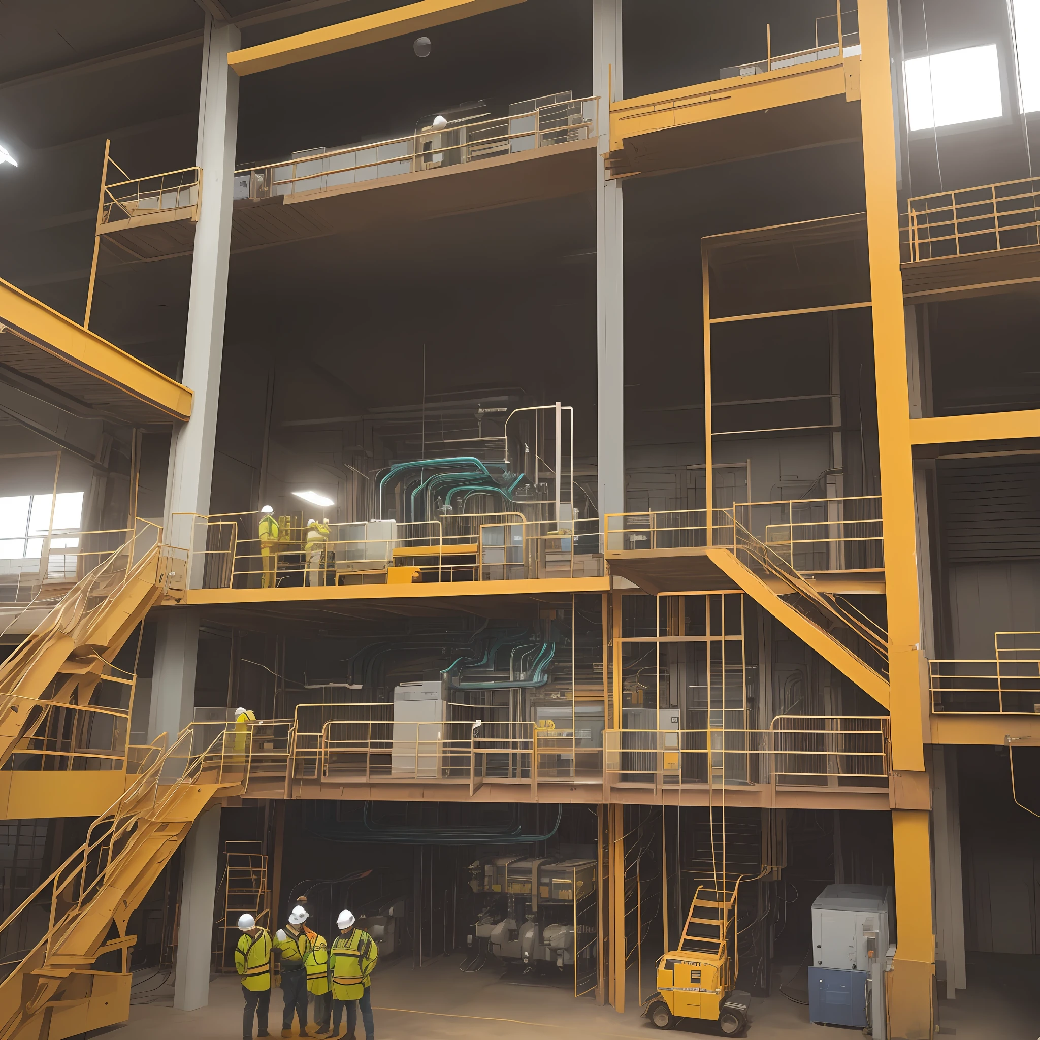 A team of Brazilian electricians happy to finish a major work in an industry. The environment should be industrial with machines running and employees working