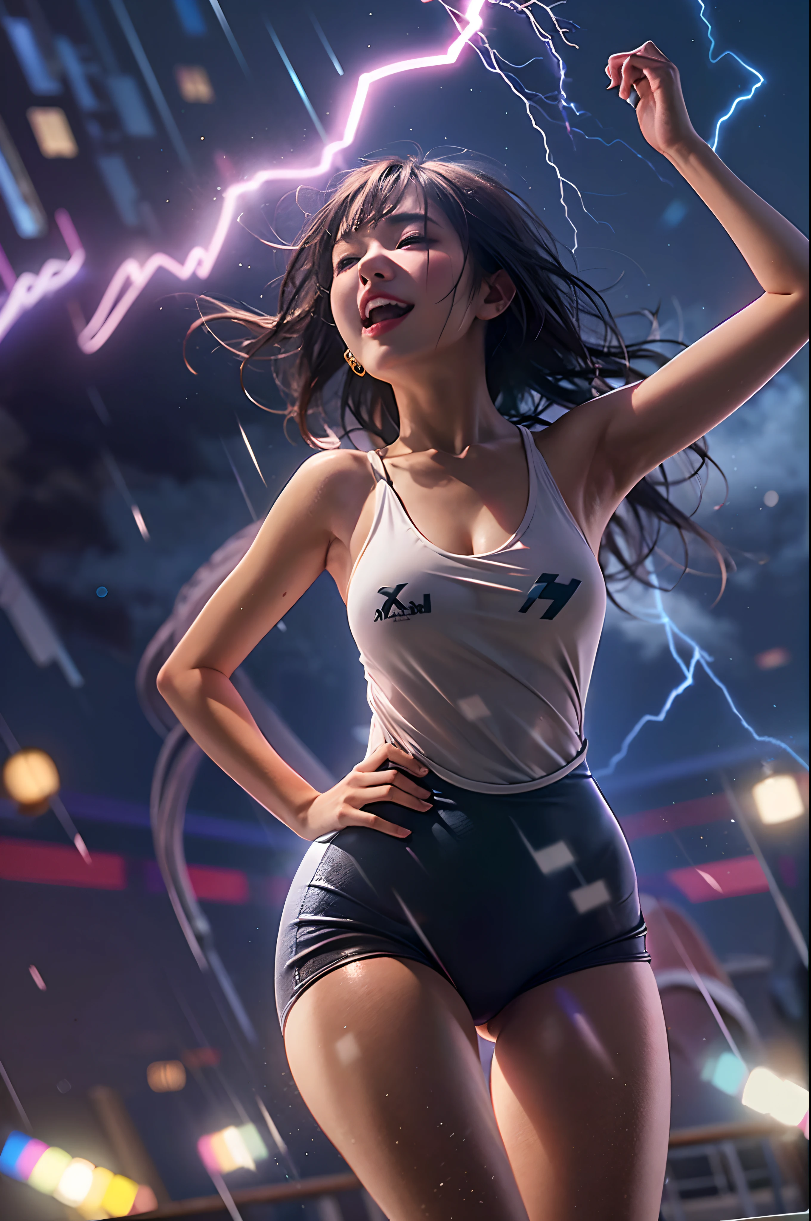 1girl, super beautiful girl, dream girl, wearing a one piece swimsuit, ulzzang, dancing, in the background a party, lightning in the sky, ultra details, ultra realistic, cinematic , octane render, 16k