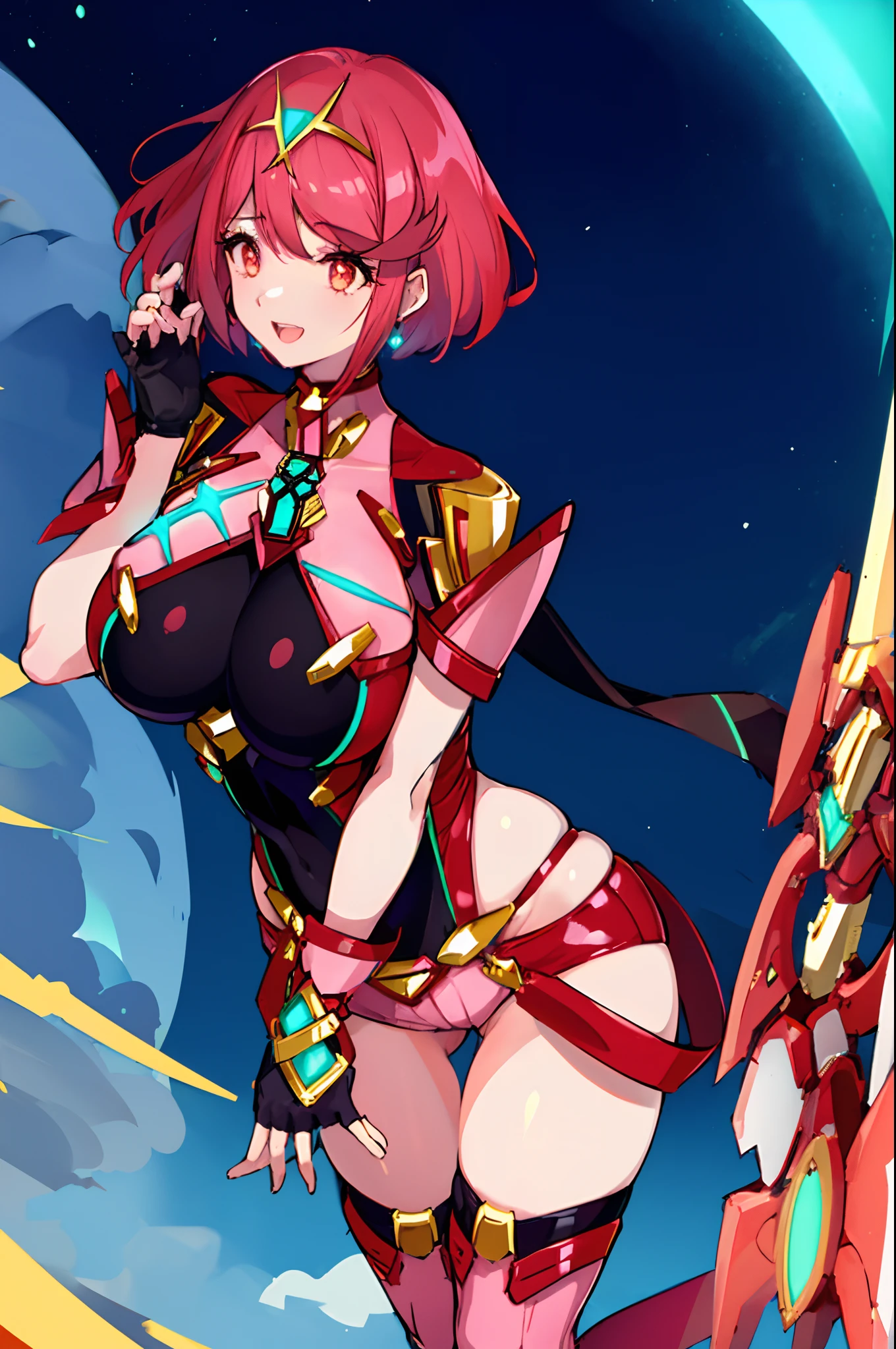pyra \(xenoblade\), _1girl, armor, bangs, black gloves, breasts, red eyes, closed mouth, earrings, eyelashes, fingerless gloves, floating hair, framed breasts, gem, gloves, hair ornament, headpiece, jewelry, big_breasts, leaning back, leotard, neon trim, official art, pose, red hair, red shorts, saitou masatsugu, short hair, short shorts, short sleeves, shorts, sidelocks, skin tight, solo, standing, swept bangs, thighhighs, tiara, night_prairie_background, turtleneck, underbust, vambraces, xenoblade chronicles \(series\), (xenoblade chronicles 2), apart_legs, fire_effect,dynamic_pose,fighting,light_smile, (plump:1.1), big_ass,huge_sword, hold_large_sword_hilt, solo, covered_nipples, covered_pussy,open_mouth,back_view, fists,