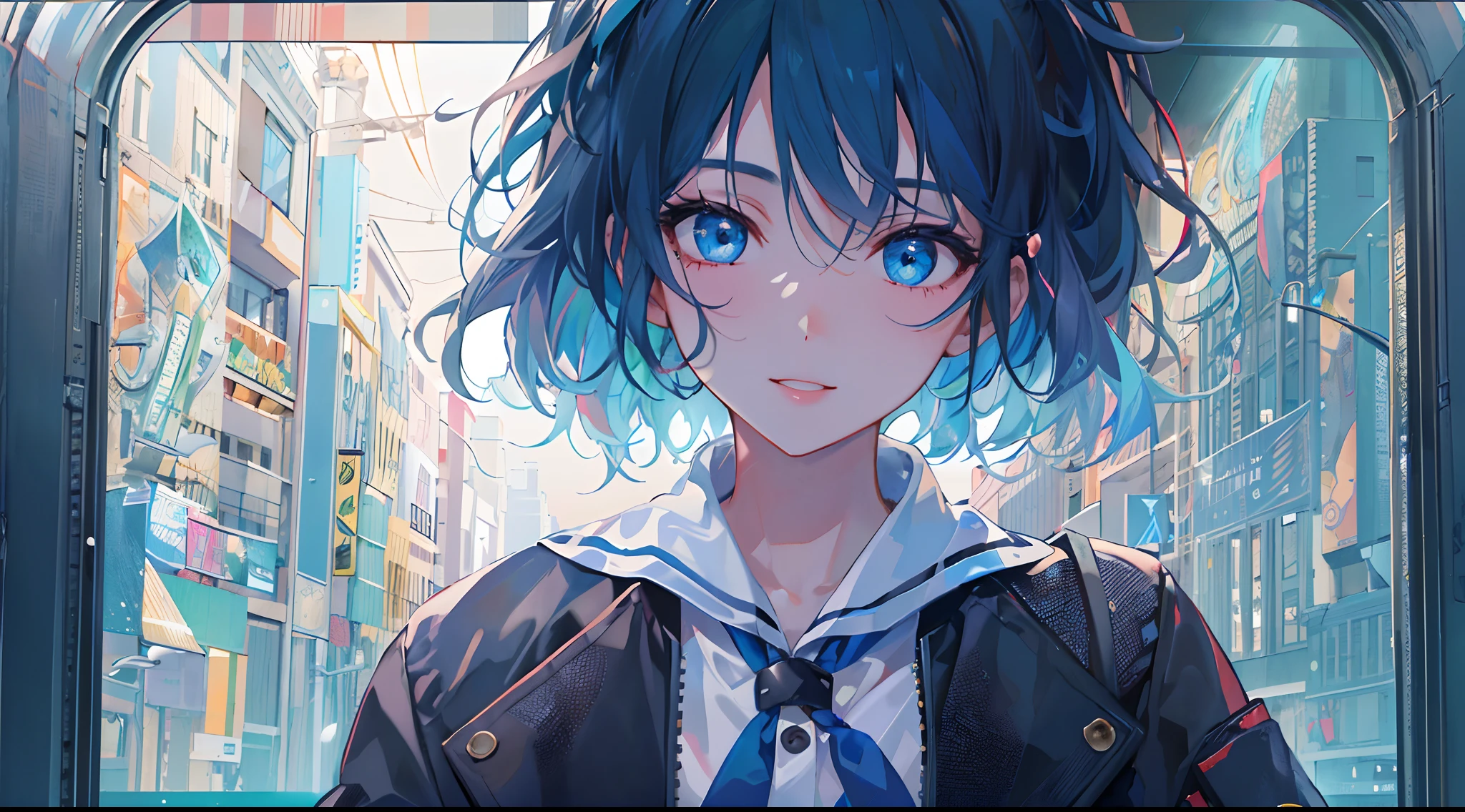 ((top-quality)), ((​masterpiece)), ((ultra-detailliert)), (extremely delicate and beautiful), girl with, 独奏, cold attitude,((Black jacket)),She is very(relax)with  the(Settled down)Looks,A dark-haired, depth of fields,evil smile,Bubble, under the water, Air bubble,bright light blue eyes,Inner color with light blue hair and dark blue tips,Cold background,Bob Hair - Linear Art, shortpants、knee high socks、White uniform like school uniform、Light blue ribbon ties、Clothes are sheer、Hands in pockets