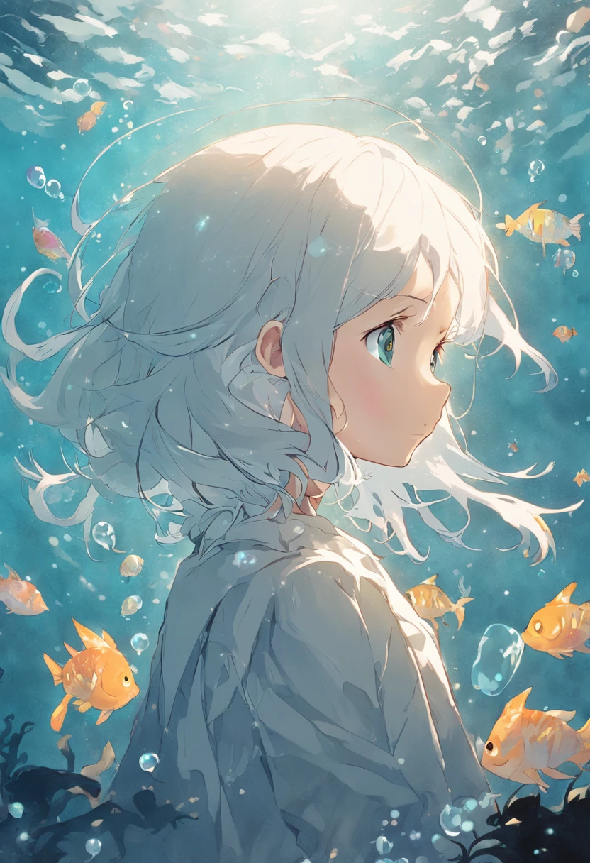 Undersea juvenile silver-haired shell house,girl with short white hair,Colorful bubbles,Plants,Glowing little fish,Sparkling,ocean floor,
