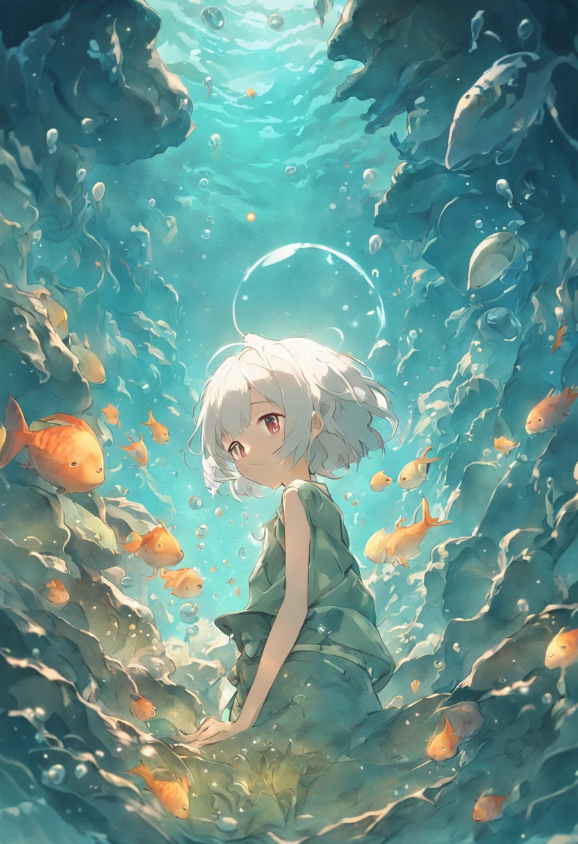 Undersea juvenile silver-haired shell house，girl with short white hair，Colorful bubbles，Plants，Glowing little fish，Sparkling，ocean floor，