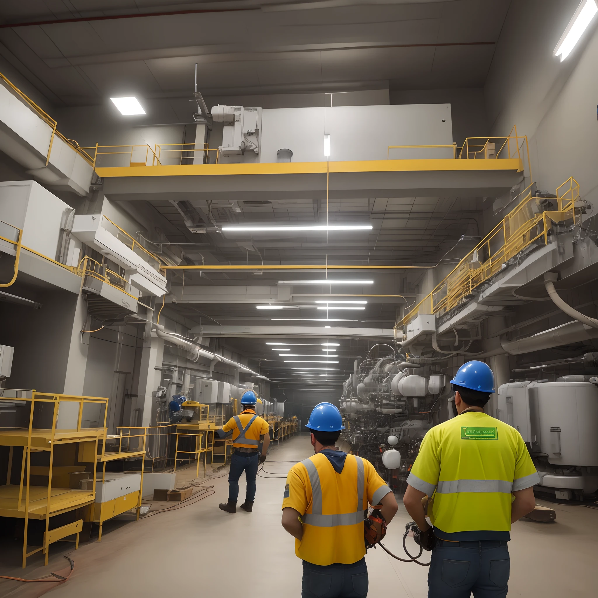 A team of Brazilian electricians happy to finish a major work in an industry. The environment should be industrial with machines running and employees working