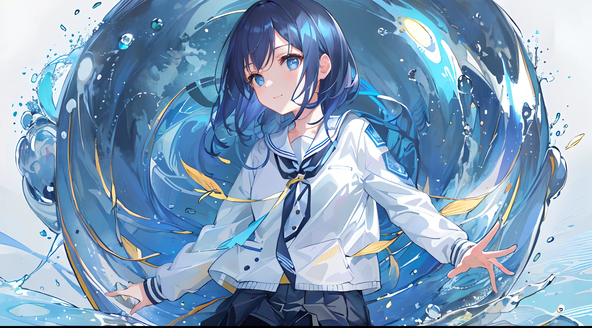 ((top-quality)), ((​masterpiece)), ((ultra-detailliert)), (extremely delicate and beautiful), girl with, 独奏, cold attitude,((Black jacket)),She is very(relax)with  the(Settled down)Looks,A dark-haired, depth of fields,evil smile,Bubble, under the water, Air bubble,bright light blue eyes,Inner color with light blue hair and dark blue tips,Cold background,Bob Hair - Linear Art, shortpants、knee high socks、White uniform like school uniform、Light blue ribbon ties、Clothes are sheer、Hands in pockets