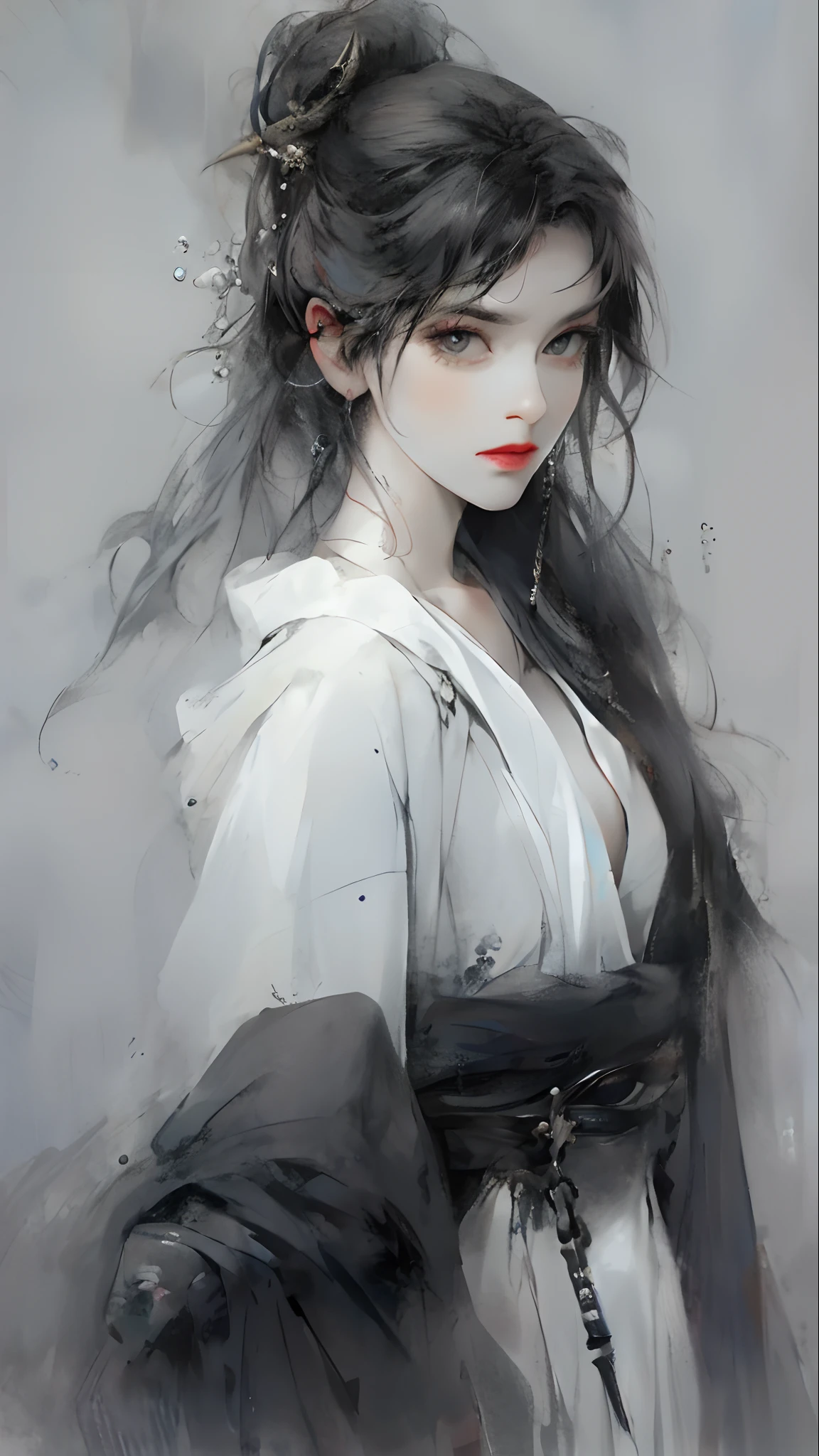 Close-up of a woman with black hair，Belle peinture de personnage，Splash ink，Epic and beautiful character art，Stunning character art，Background with vintage flavor