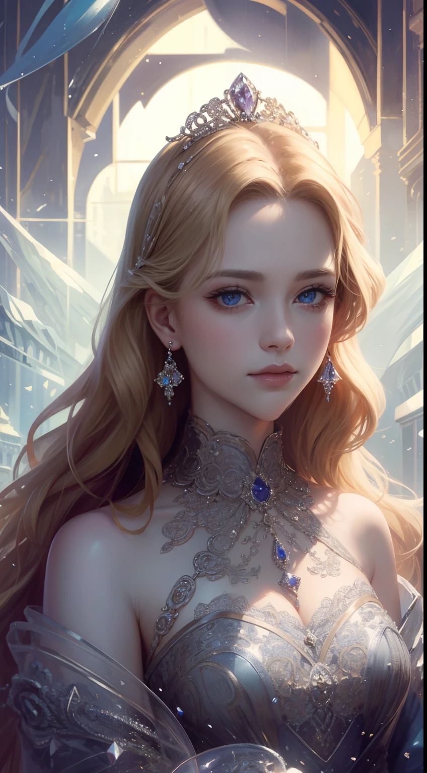 tmasterpiece，Highest high resolution，Dynamic bust portrait of beautiful royal lady，Long blonde hairstyle，Purple clear eyes，The hair is covered with beautiful and delicate floral craftsmanship, Crystal jewelry filigree，Ultra-detailed details，upscaled。
