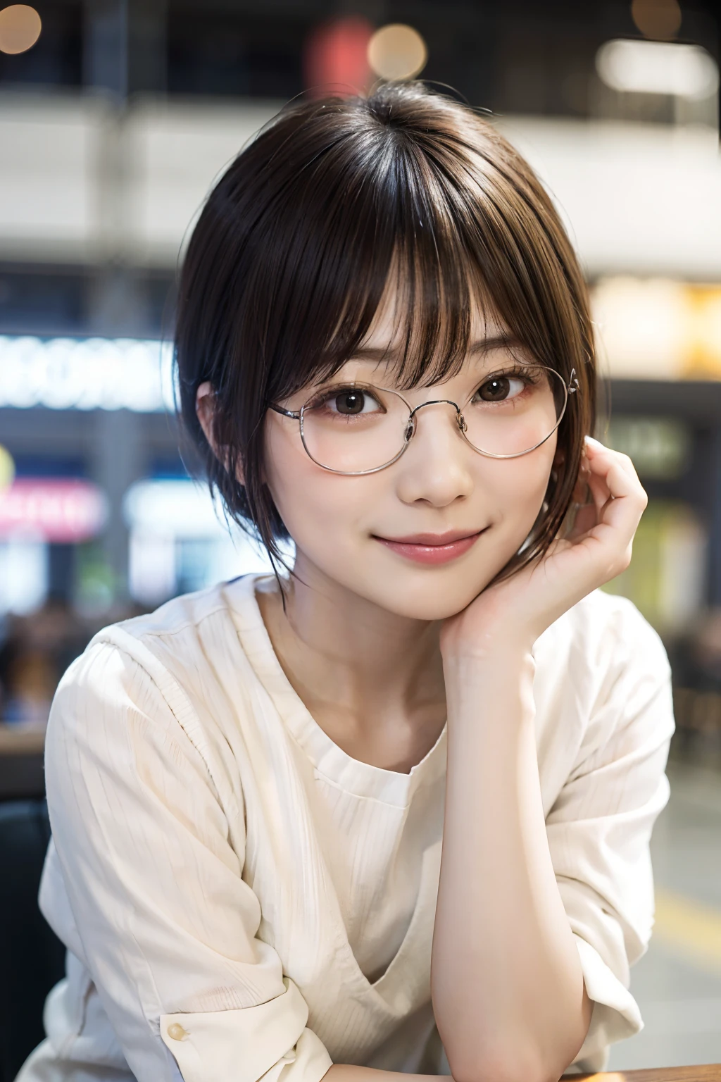 Japan girl in casual clothes in a shopping mall, looking at the viewer, posing with a smile (highest quality, masterpiece))), high resolution, very detailed, masterpiece, cinematic lighting, (8K, highest quality, masterpiece: 1.2), (realistic, photorealistic: 1.37) Hi-Res, Super Detail, 1 Girl, Woman with Glasses, Thin Frame Round Glasses, Light Colored Glasses Frame, asian, cute, cute face, solo, short hair 1.2, textured skin, beautiful smile, beautiful detailed sky, detailed café, night, movie lighting, depth of field, lens flare light, sitting, dating, (blushing), (smile: 1.15), small breasts (mouth closed), eyes with beautiful details, (short hair: 1.2), floating hair Nova Frog style,