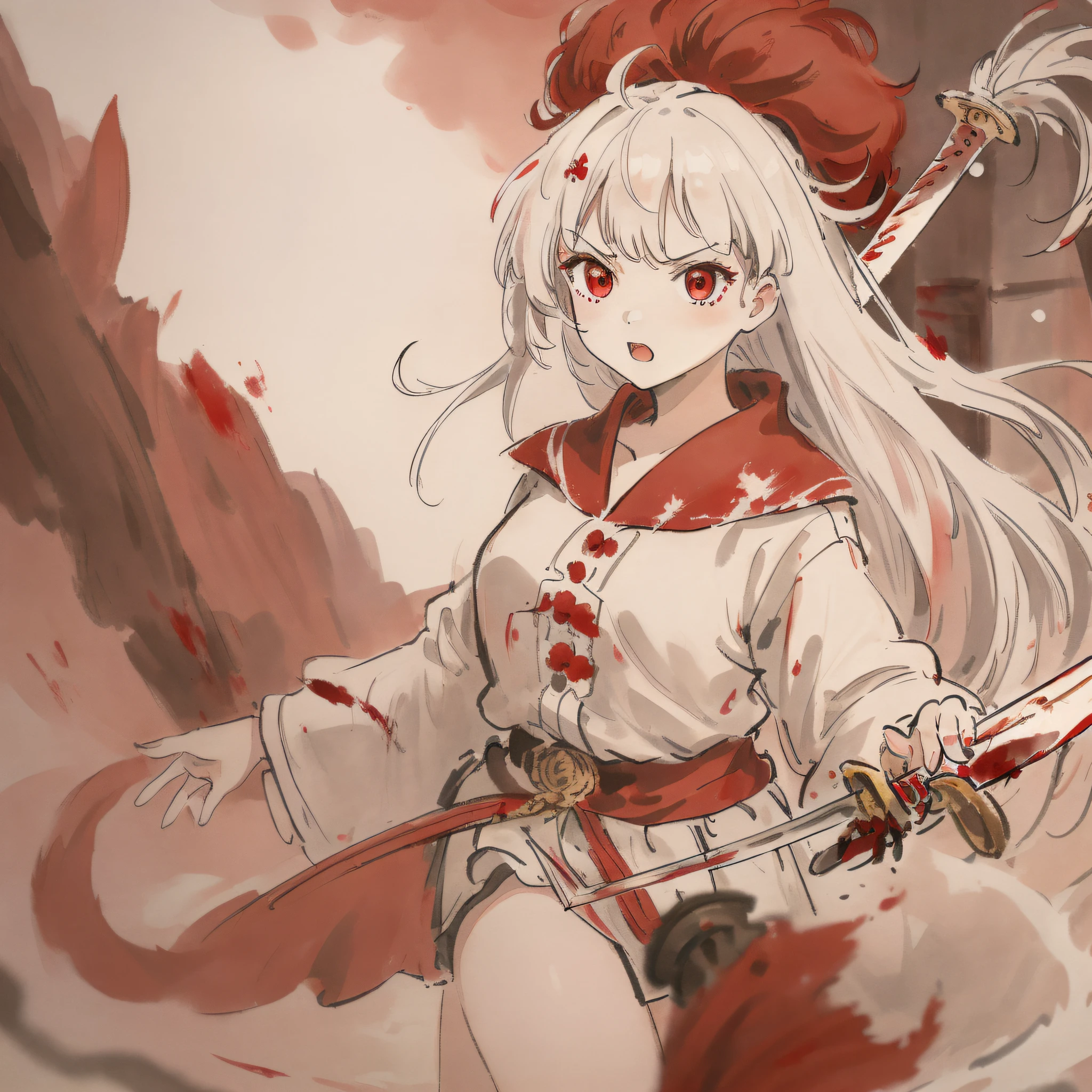 masterpiece, best quality, best quality,Amazing,1girl,finely detail,Depth of field,extremely detailed CG unity 8k wallpaper, masterpiece, full body,(loli),(white hair), red streaked hair, red eyes, (full body),red hair, (((with sword))), angry face，(beautiful detailed eyes), Blood drop,Blood fog, floating hair,light shafts, soft focus, character focus,disheveled hair,long bangs, hairs between eyes, looking at viewer,lowing hair, floating, Splashing blood,Long hair,(Bloodstain)