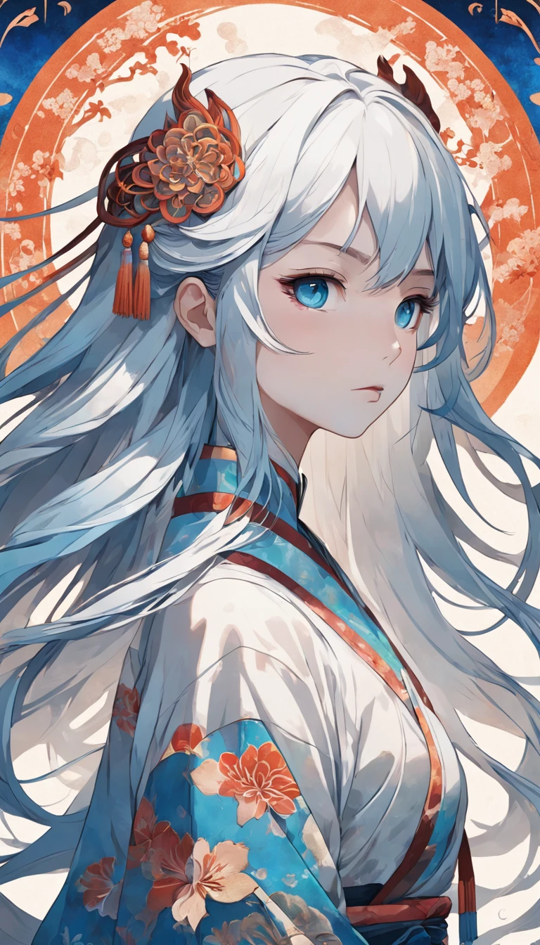 (White background:1.4),(Silhouette of a girl's head, Blue pupil,colorfull long hair, Oriental elements),(Chinese illustration:1.3,paper art:1.3, Quilted paper art:1.2),( reasonable design, Clear lines, High sharpness,Best quality, Very detailed, Masterpiece, movie light effect, 4K )