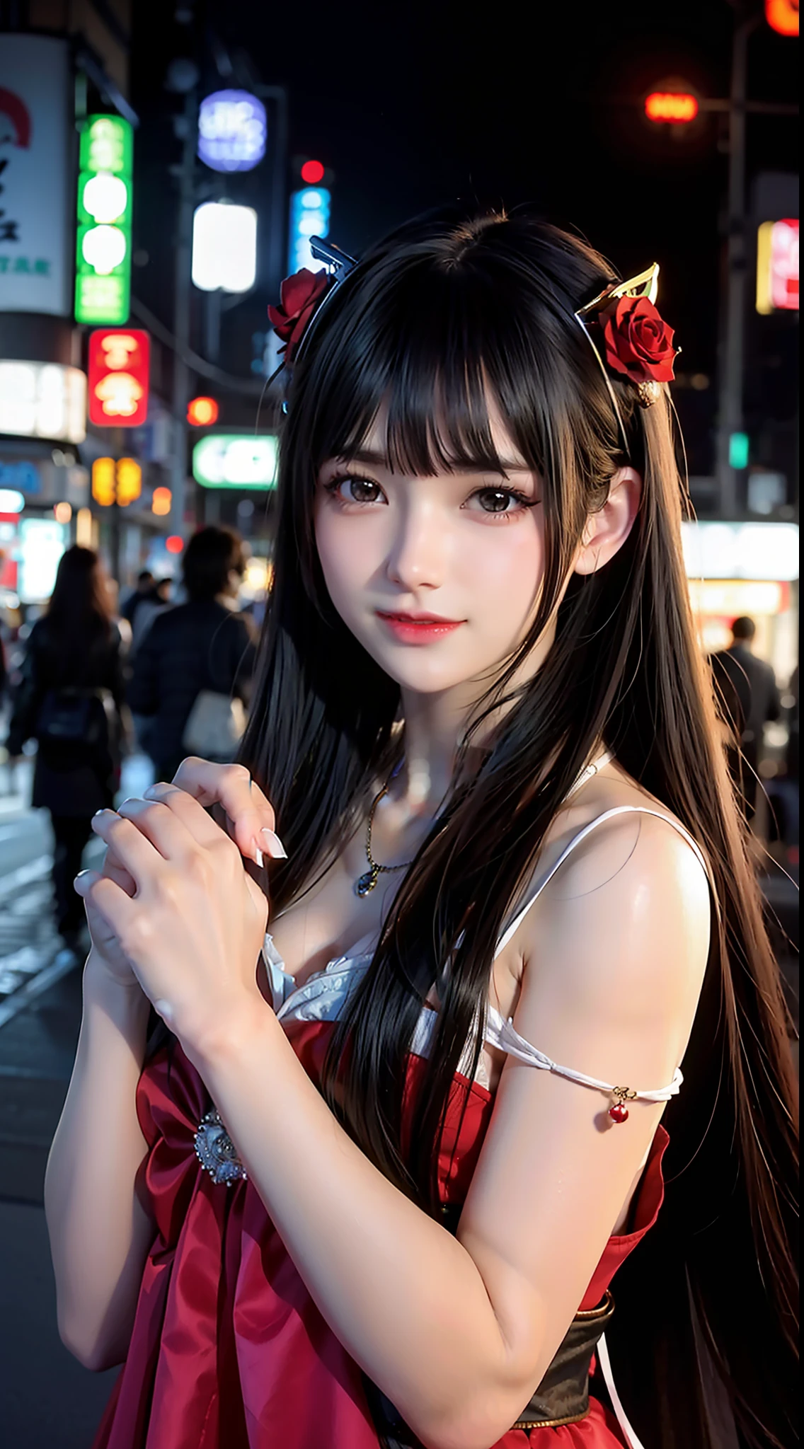 1girl, Tokyo street,night, cityscape,city lights, upper body,close-up, 8k, RAW photo, best quality, masterpiece,realistic, photo-realistic,headgear of red rose, parted bangs, long hair,