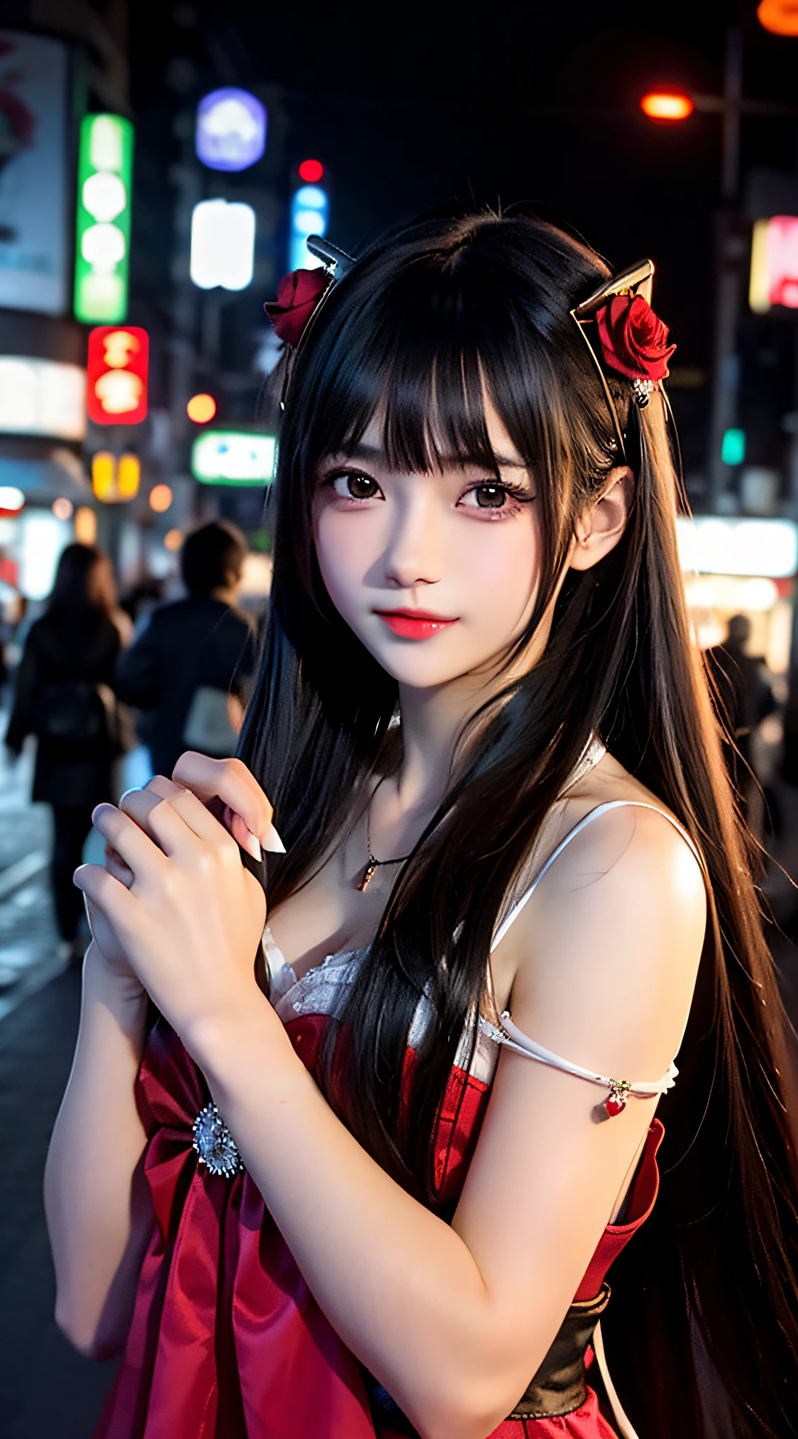 1girl, Tokyo street,night, cityscape,city lights, upper body,close-up, 8k, RAW photo, best quality, masterpiece,realistic, photo-realistic,headgear of red rose, parted bangs, long hair,