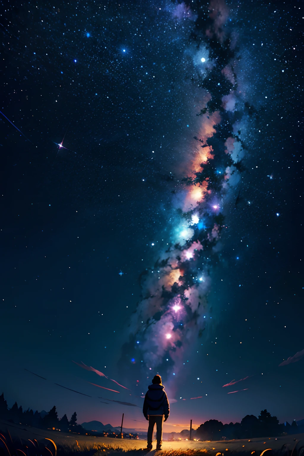1menino, solo, standingn, outer space, estrela gigante, estrela brilhante, dim sky, roupas de nobre, roupa branca, roupa dourada, roupa preta, yggdrasil tree, giant tree, estrelas menores, (8k super detalhado), (obra-prima), ((obra-prima)), ((cinematic quality)).