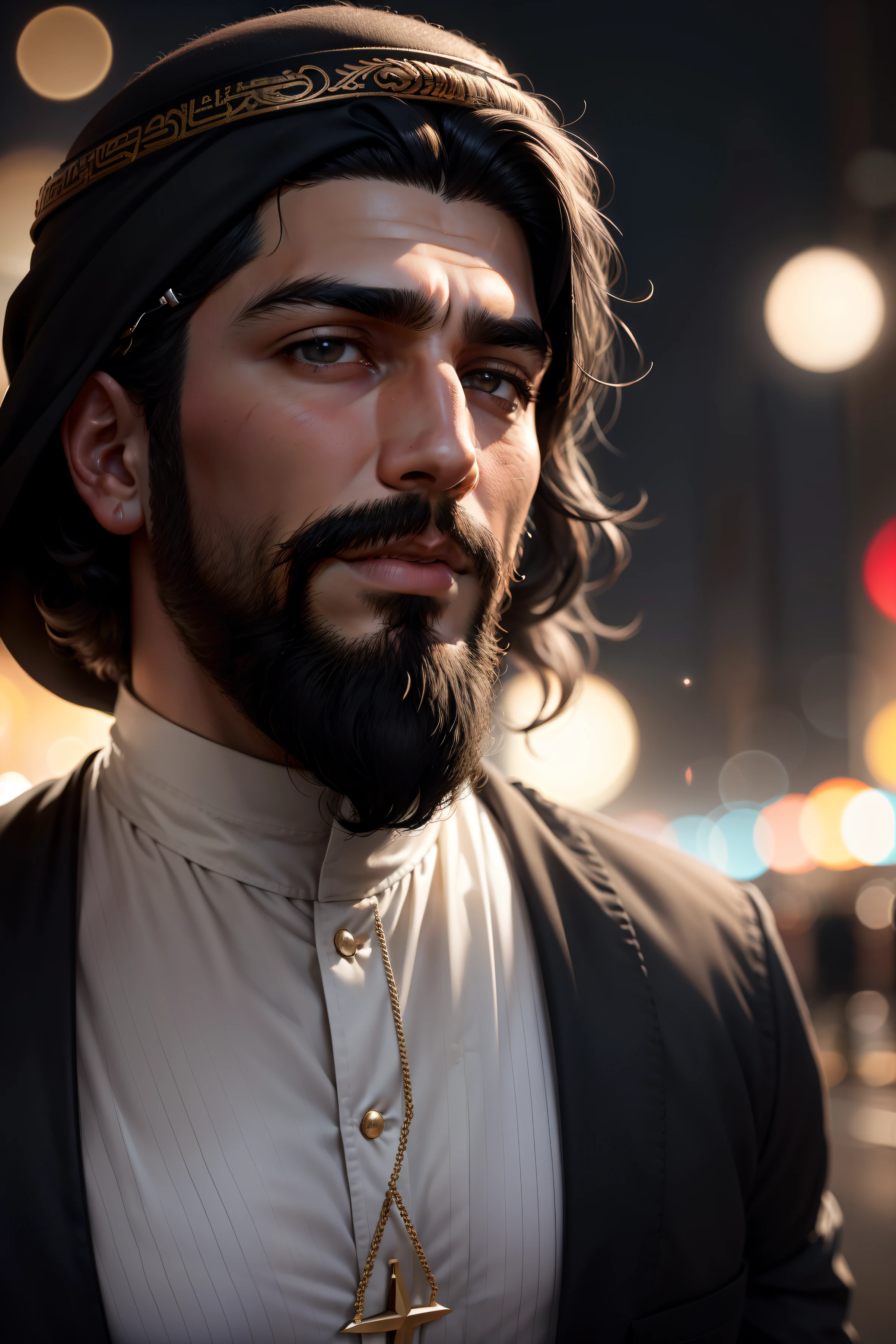 close up photo for Arab Man, 35y, 80mm, f 1.8, bokeh, night city, black hair, nice beard, attractive hair style.